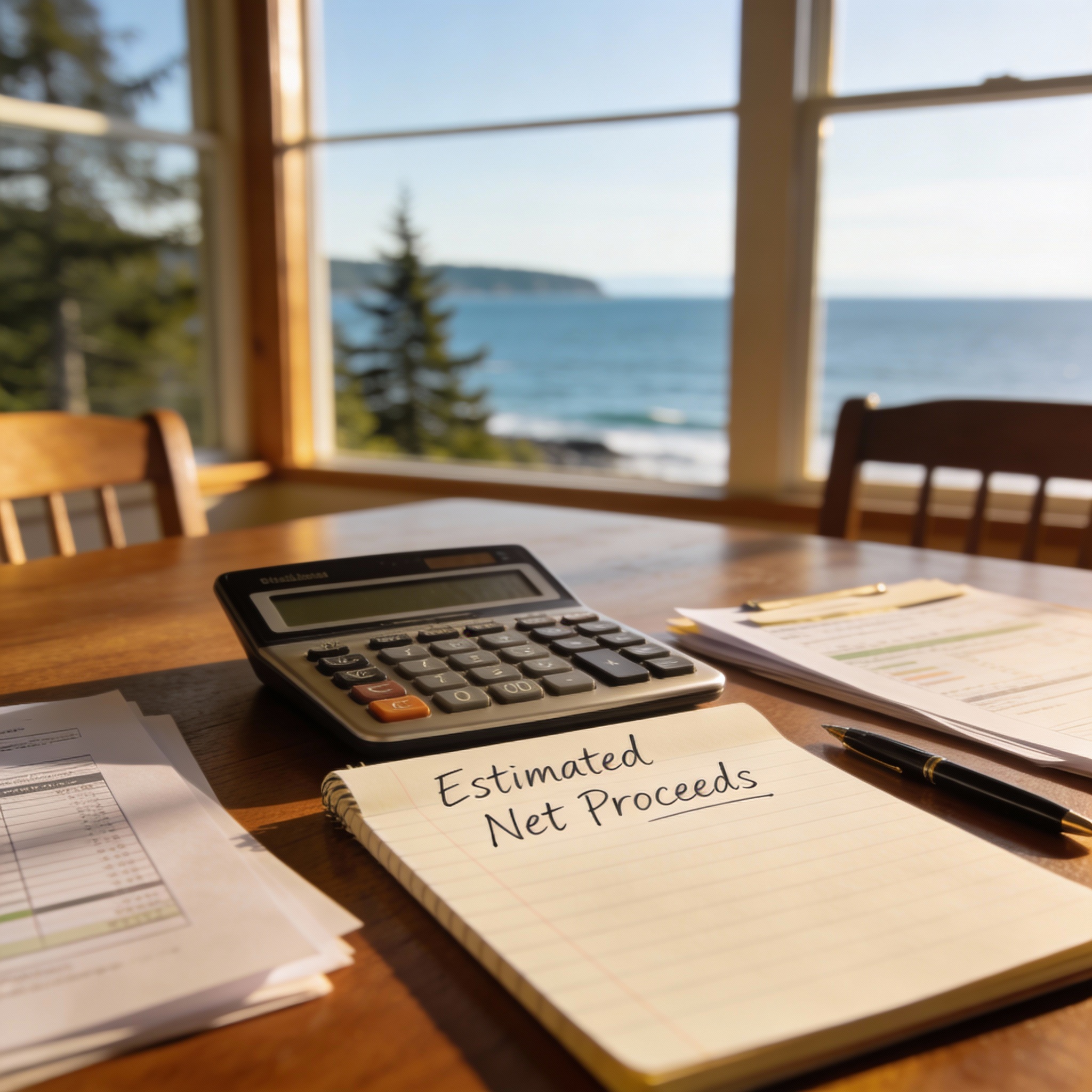 Calculator and estimated net proceeds sheet with Whidbey Island view