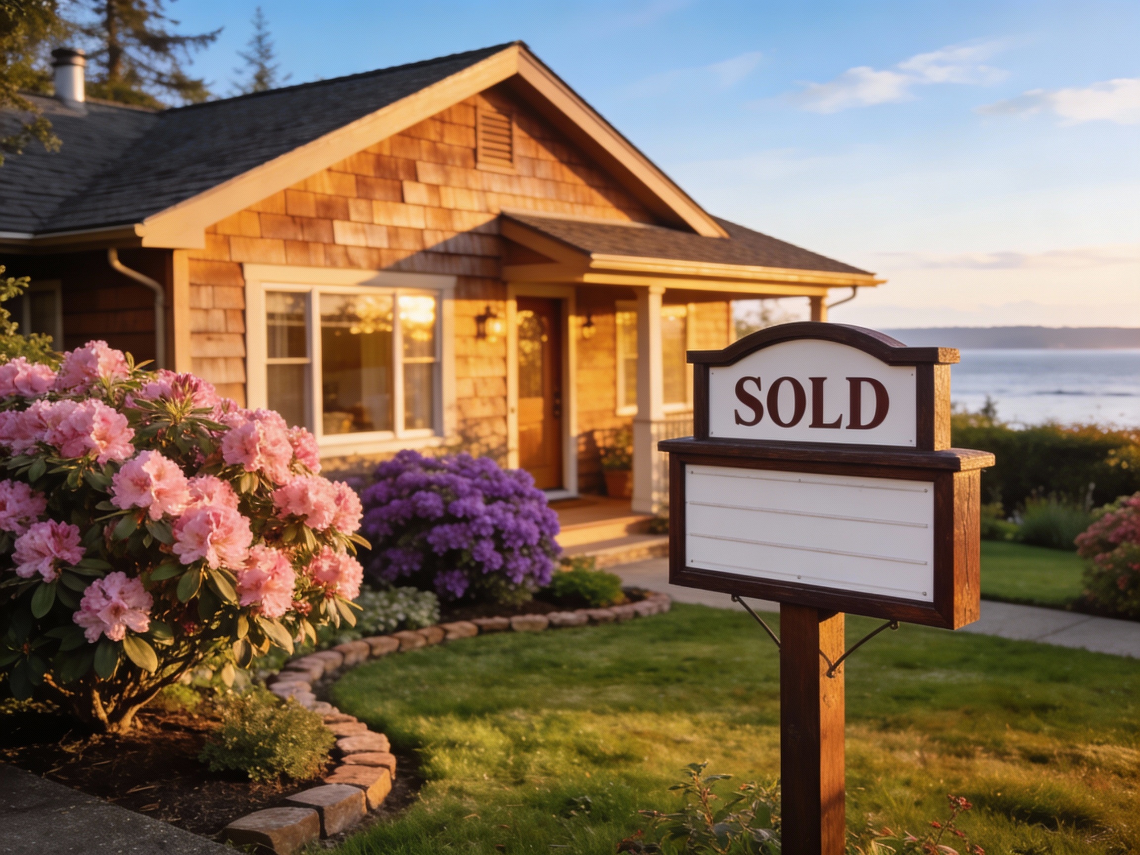 Whidbey Island cottage with sold sign and blooming garden