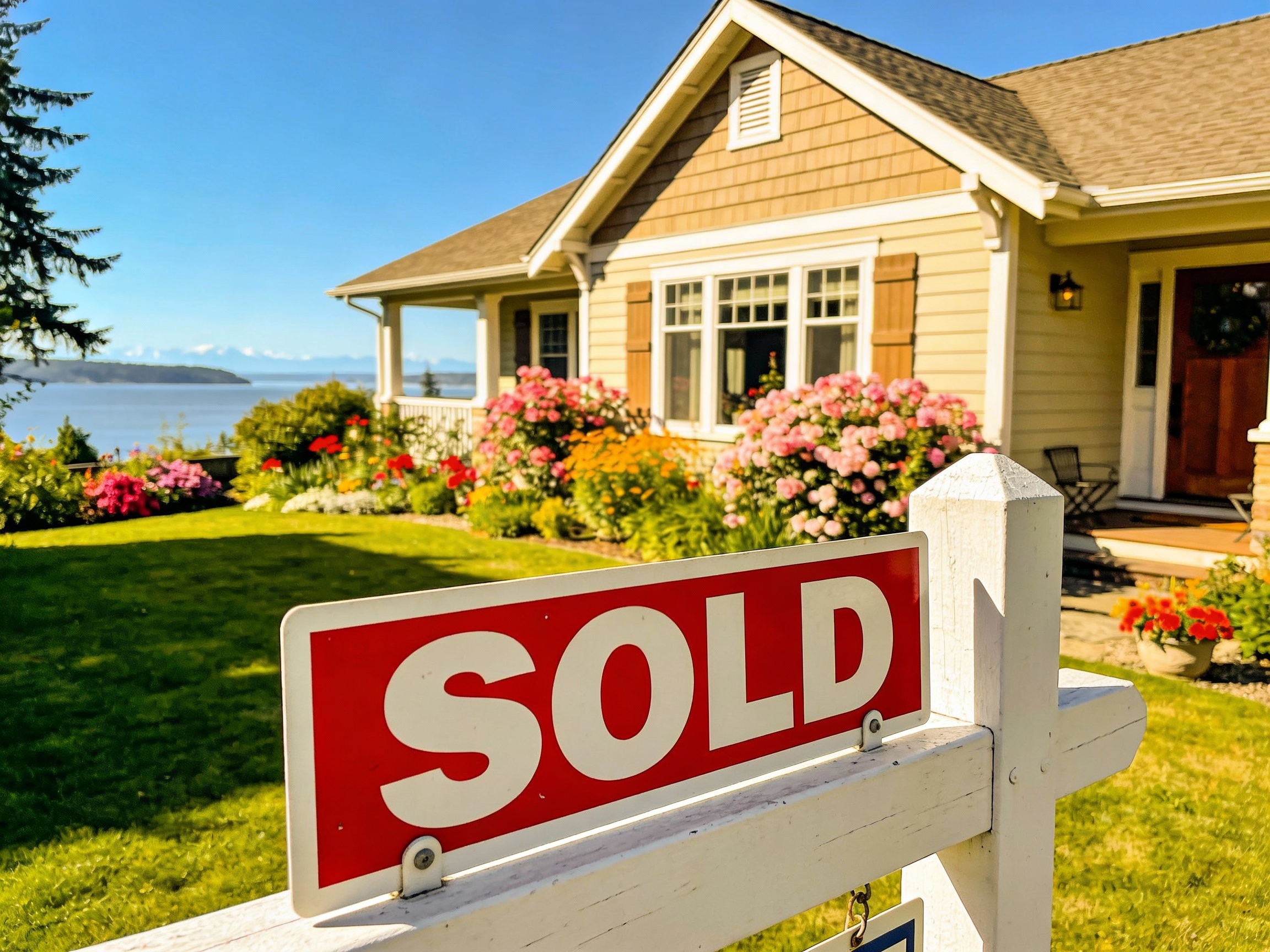 Sold sign in front of a Whidbey Island cottage with a view