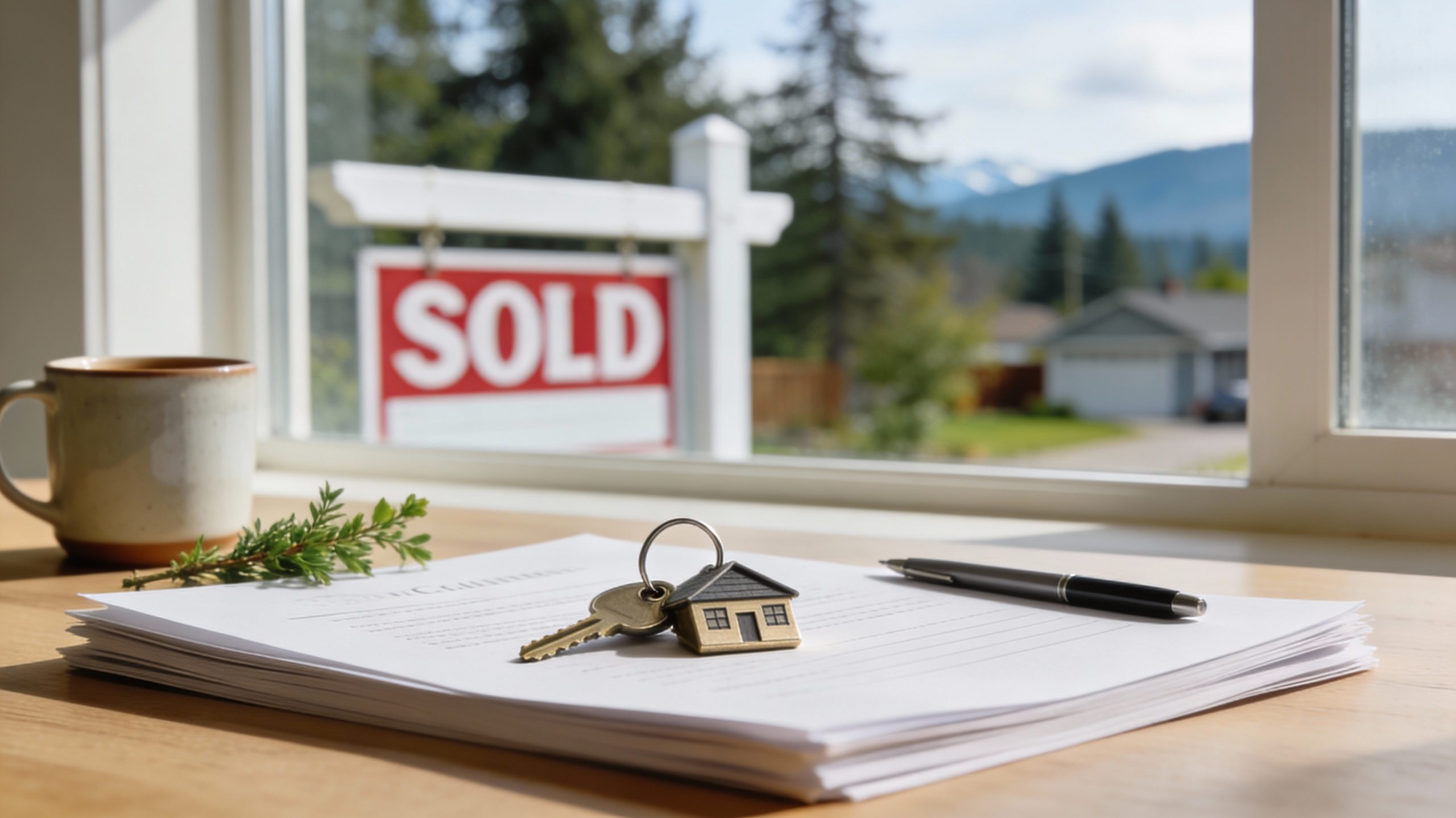 Keys and closing documents on a table with a SOLD sign visible outside, symbolizing equity for downsizing.