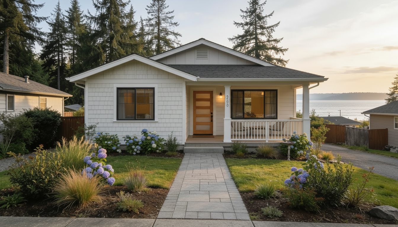 Single-level, low-maintenance Whidbey Island style home with polished landscaping, ideal for downsizing.