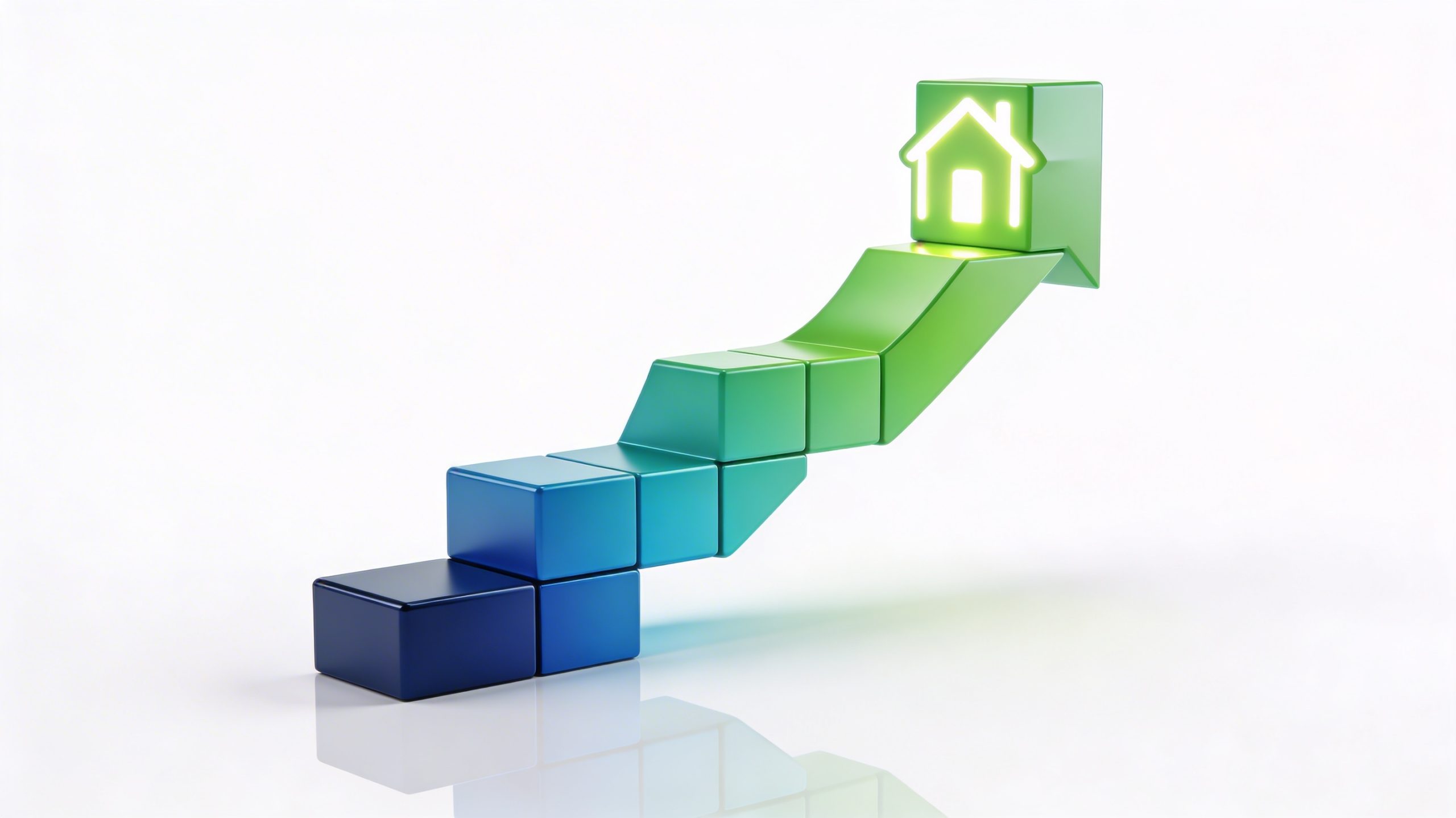 Minimalist conceptual graphic showing an upward-trending arrow made of ascending blocks, symbolizing rising real estate value and market momentum