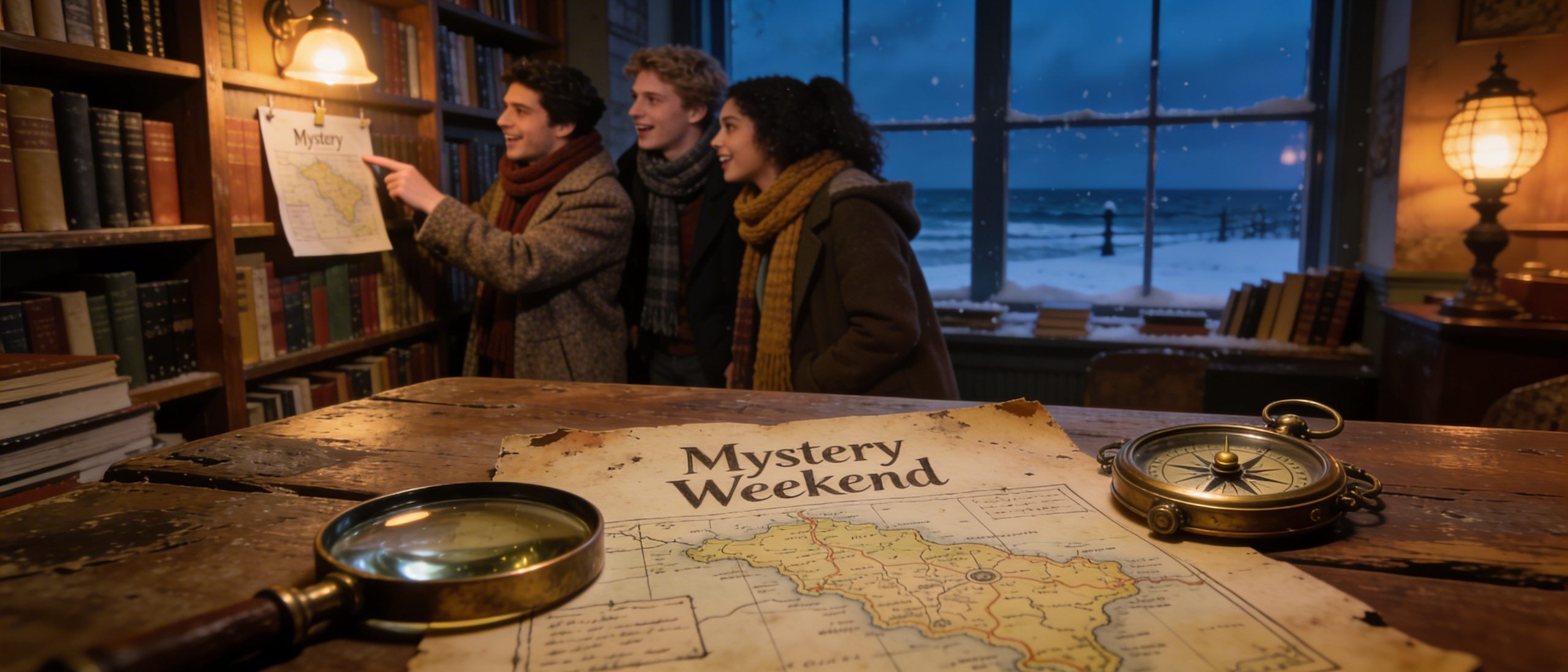Clues and maps for Langley Mystery Weekend in a cozy shop