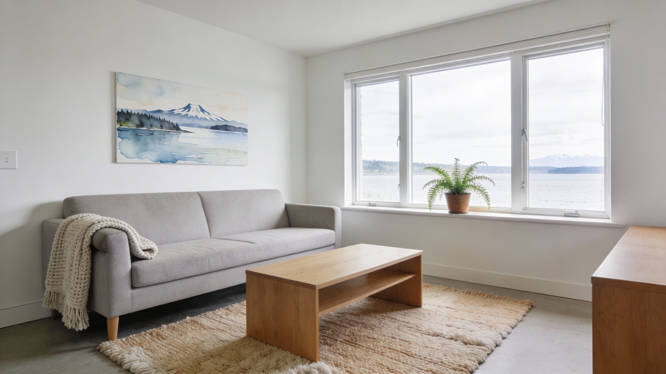 Bright, minimalist coastal-style living room in a smaller home, representing a fresh start after downsizing.