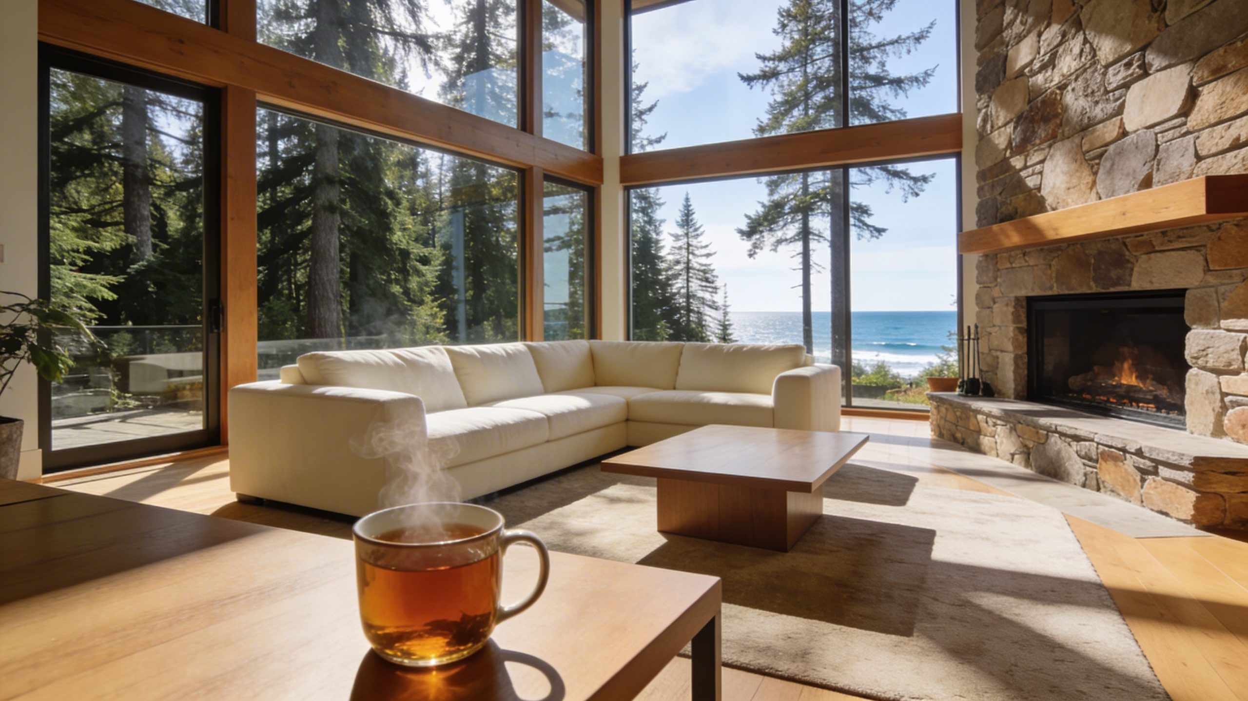 Modern Pacific Northwest living room with large windows facing evergreen trees and coastal waters