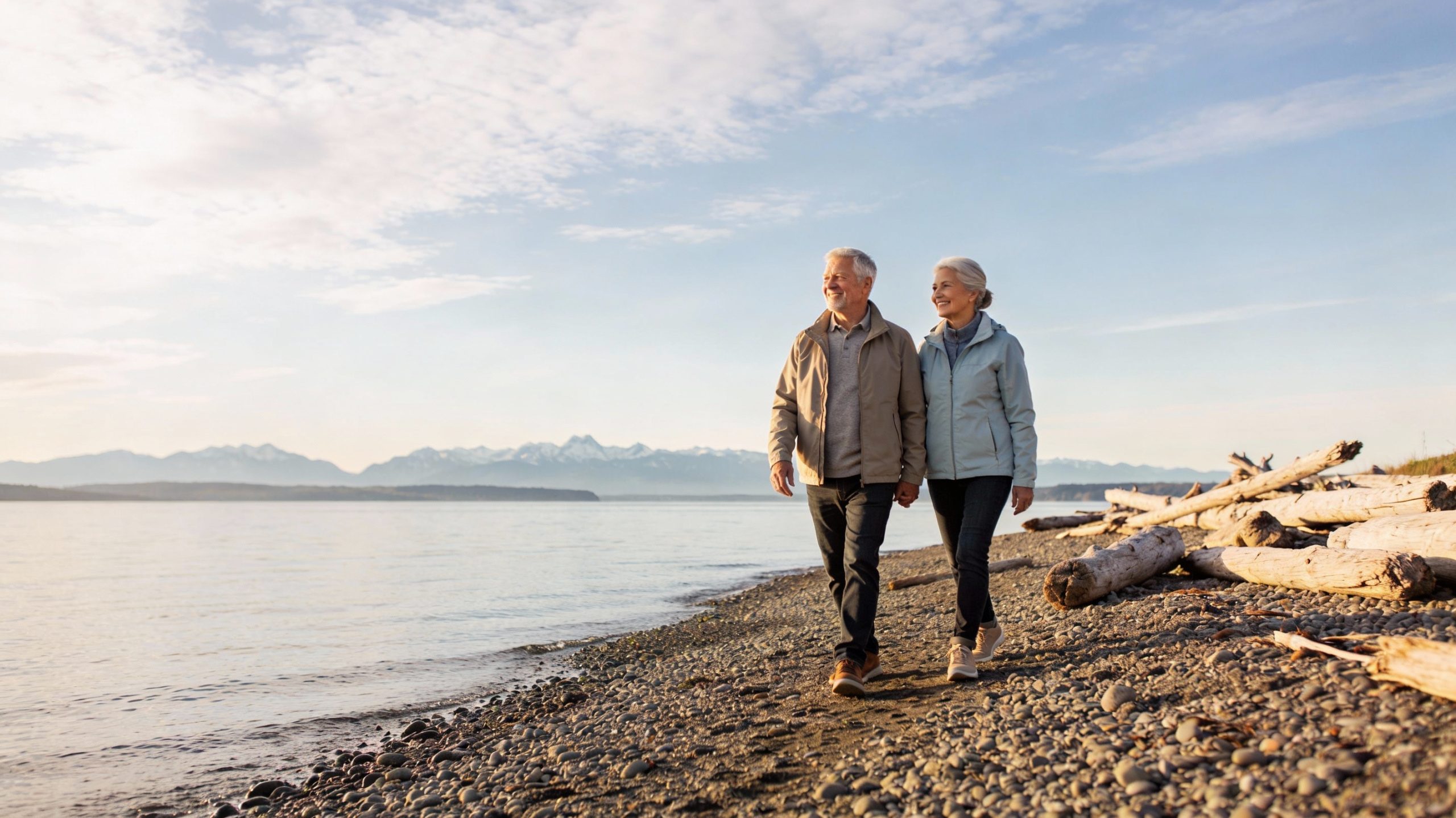 Older couple walking on a Whidbey Island pebble beach with driftwood and calm Puget Sound water.