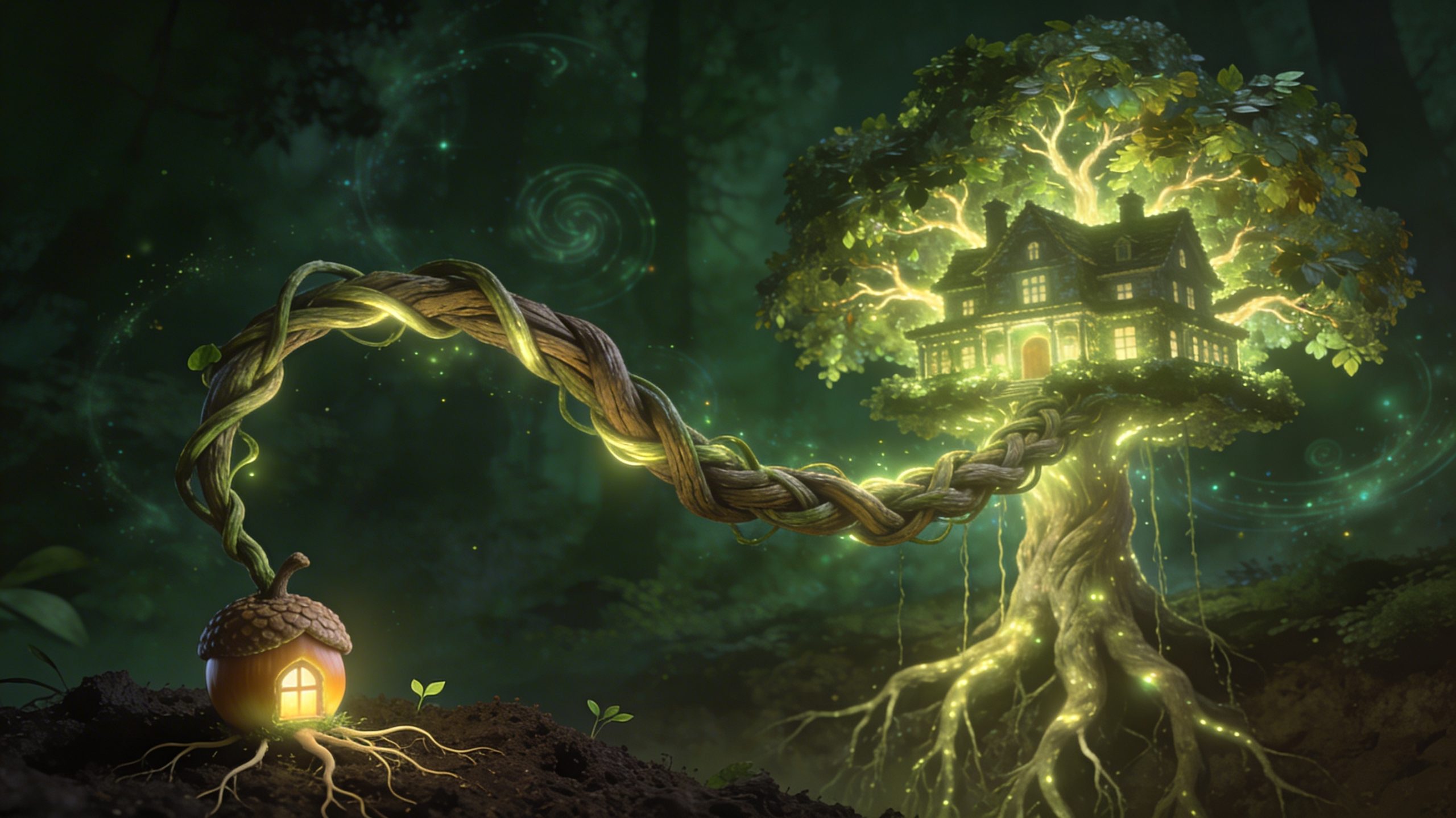 Conceptual illustration showing a small house-seed growing into a massive, glowing tree shaped like a large home with deep roots, symbolizing natural equity growth in real estate.