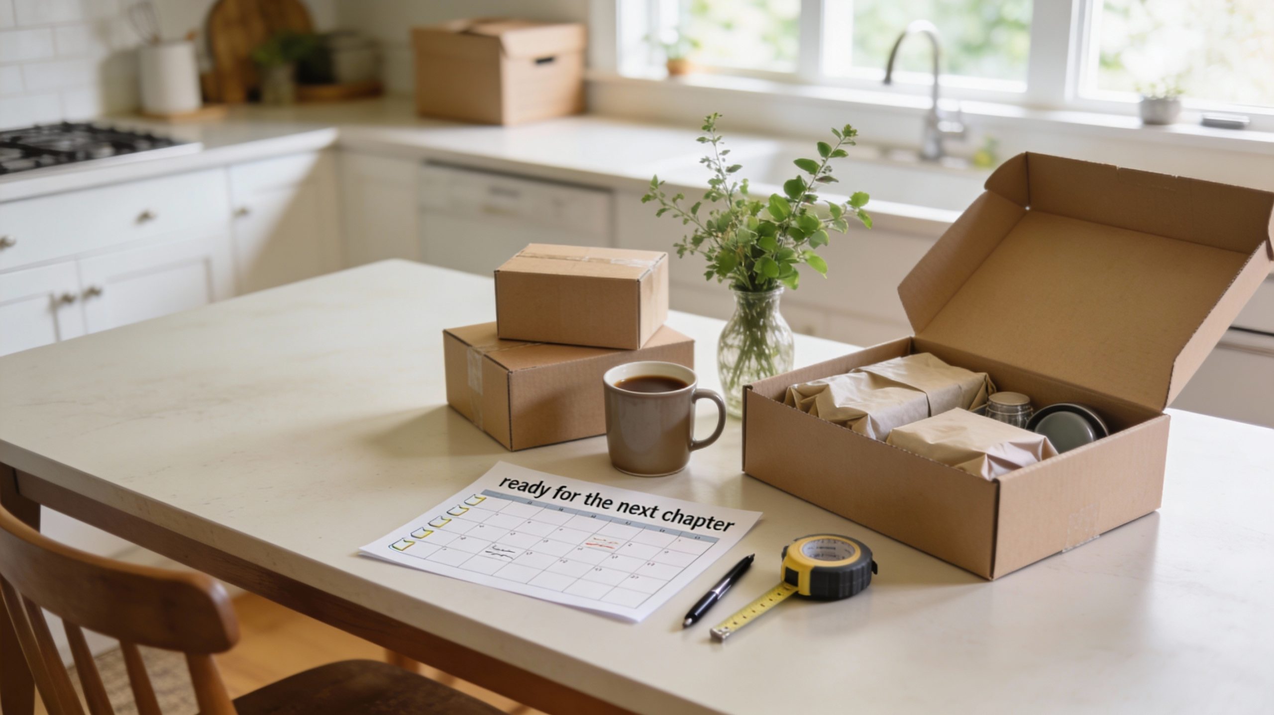 Organized moving planning scene with checklist, calendar notes, and moving boxes for downsizing on Whidbey Island.