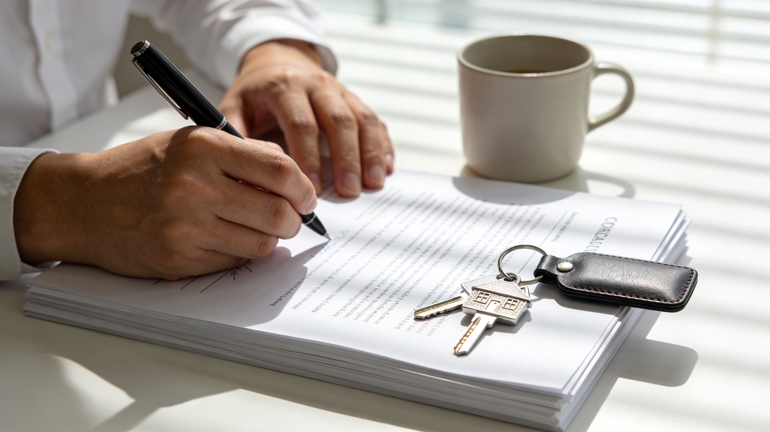 Close up of hands signing real estate contracts next to a new set of house keys on a wooden desk, representing the home buying process.