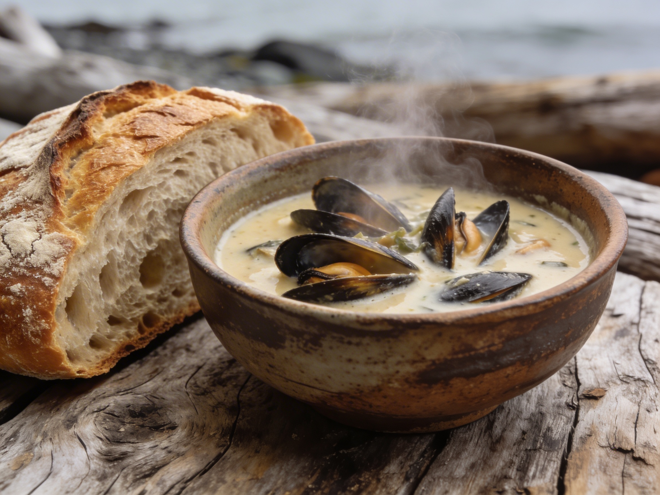 Steaming bowl of mussel chowder on a rustic wood table representing Pacific Northwest coastal cuisine