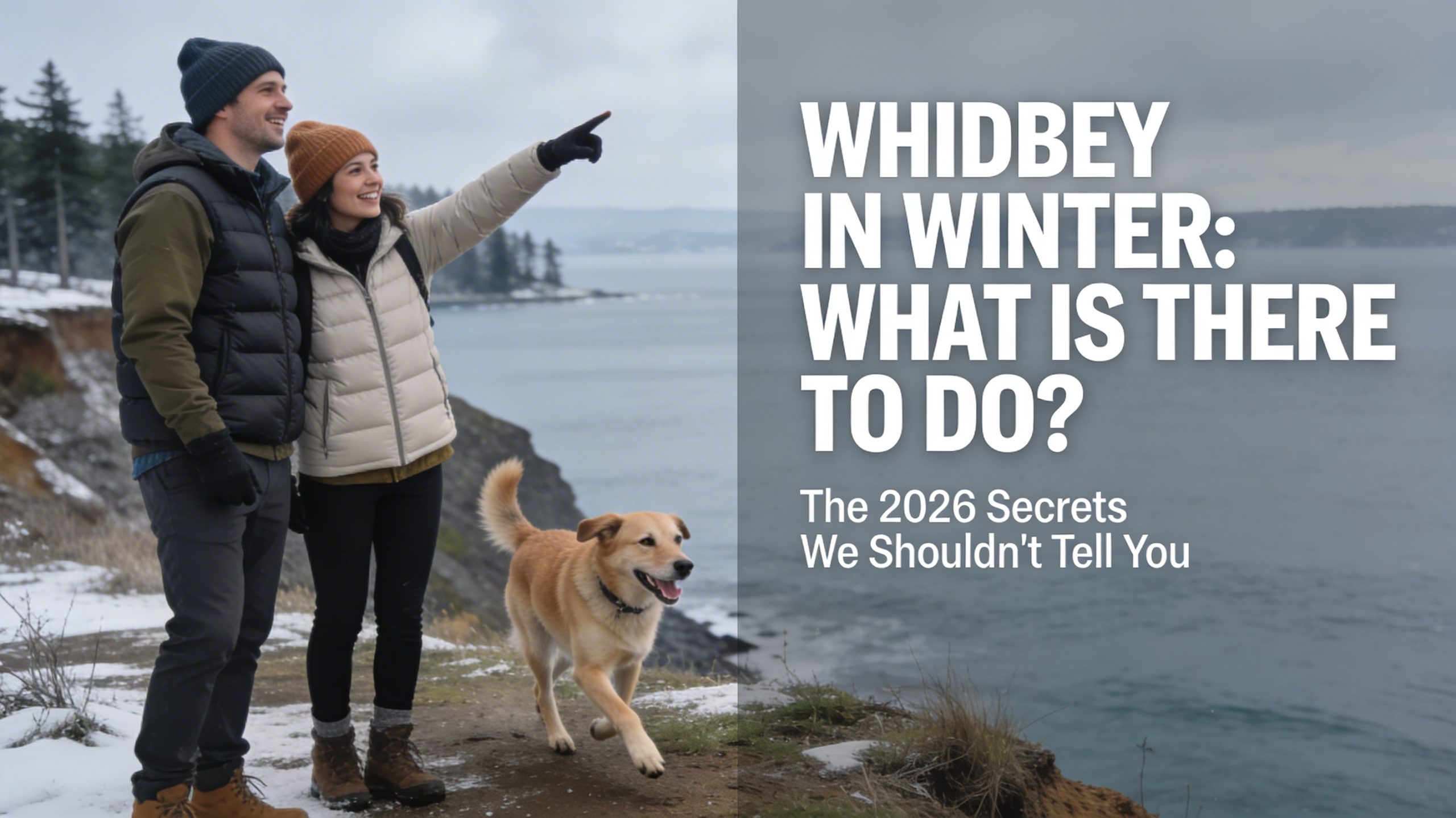 Active couple and dog enjoying a winter beach walk on Whidbey Island.