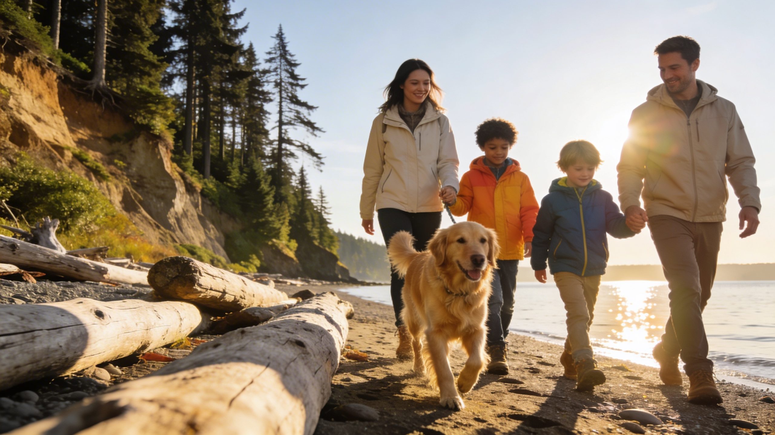 Family walking a dog on a sunny driftwood beach in the Pacific Northwest, representing the permanent Whidbey Island homeownership lifestyle.