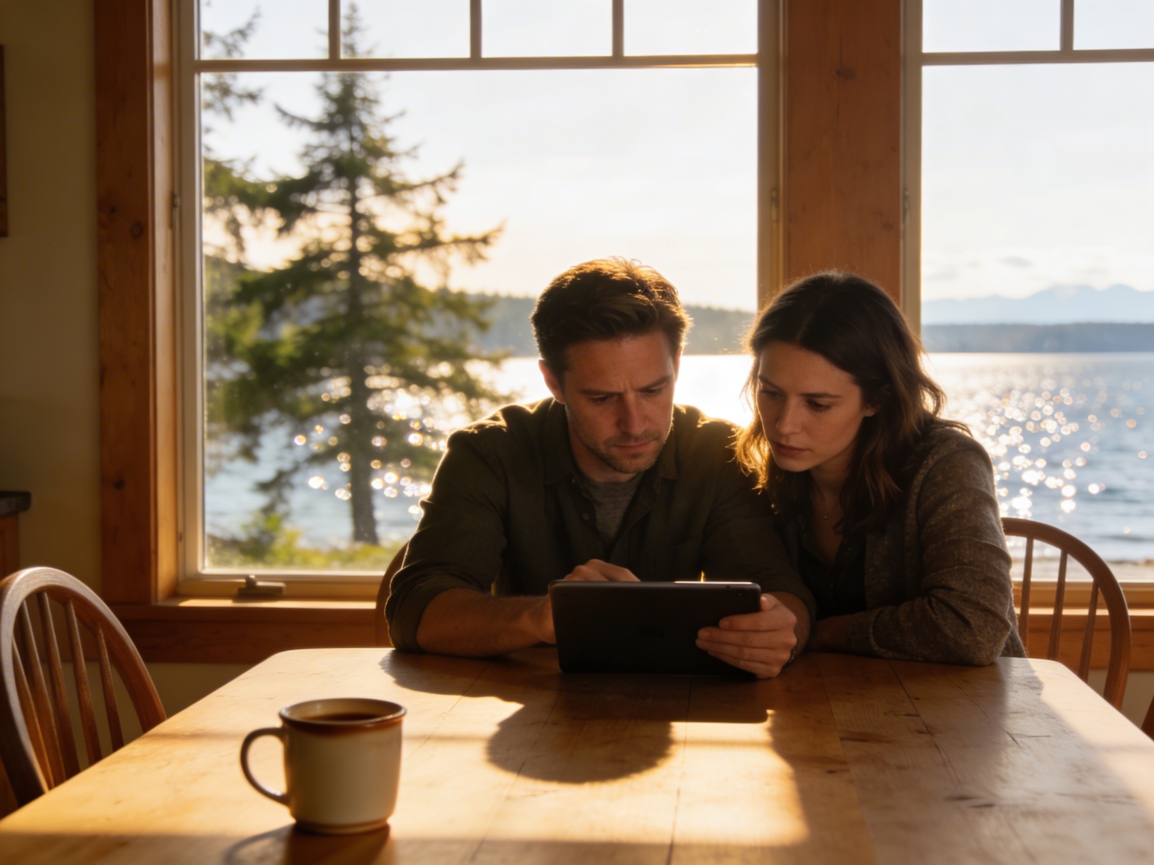Couple reviewing a real estate plan at a dining table in a modern Pacific Northwest home, representing a 2026 Whidbey Island equity decision