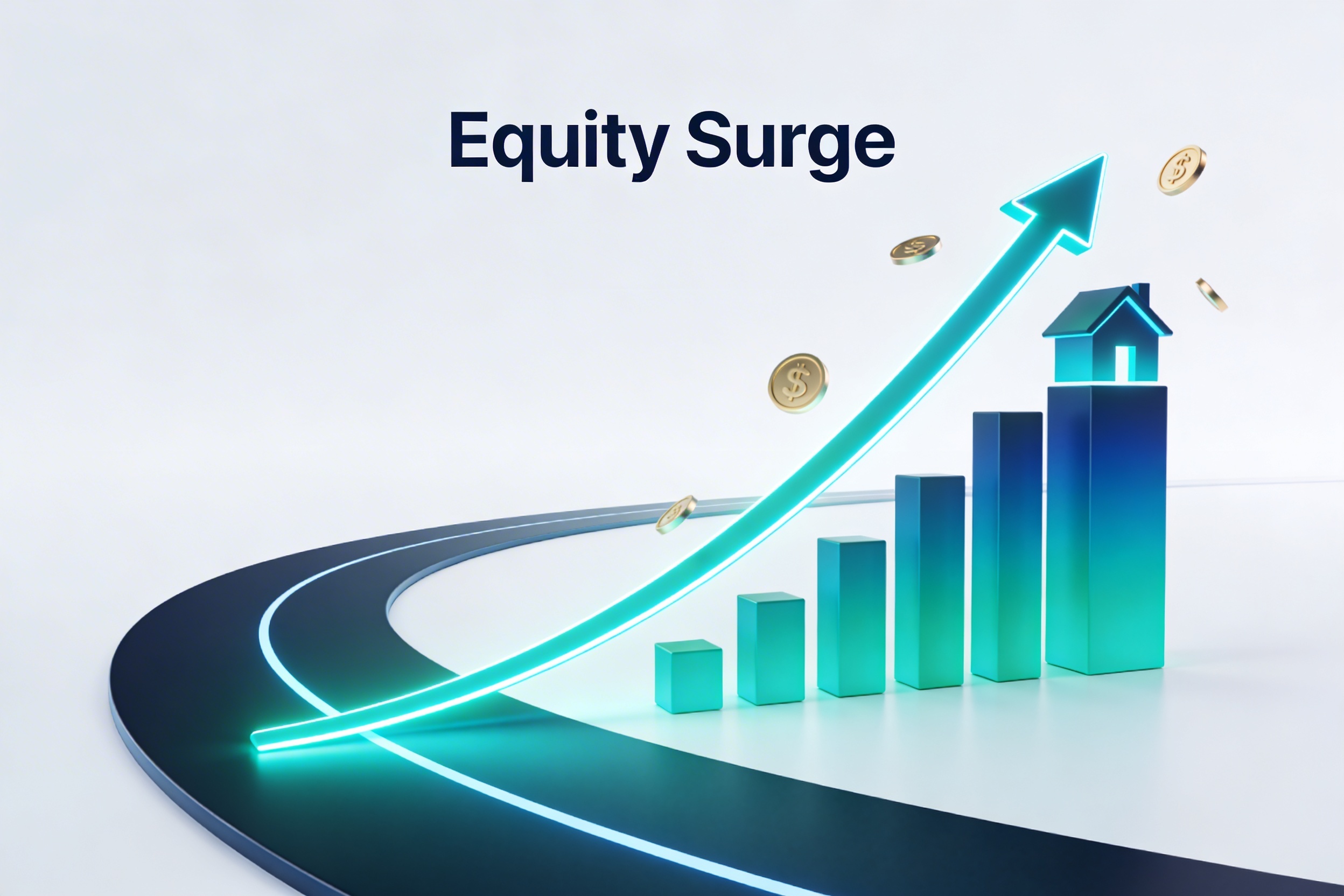 Minimalist infographic illustrating rising home equity trends on Whidbey Island through 2026