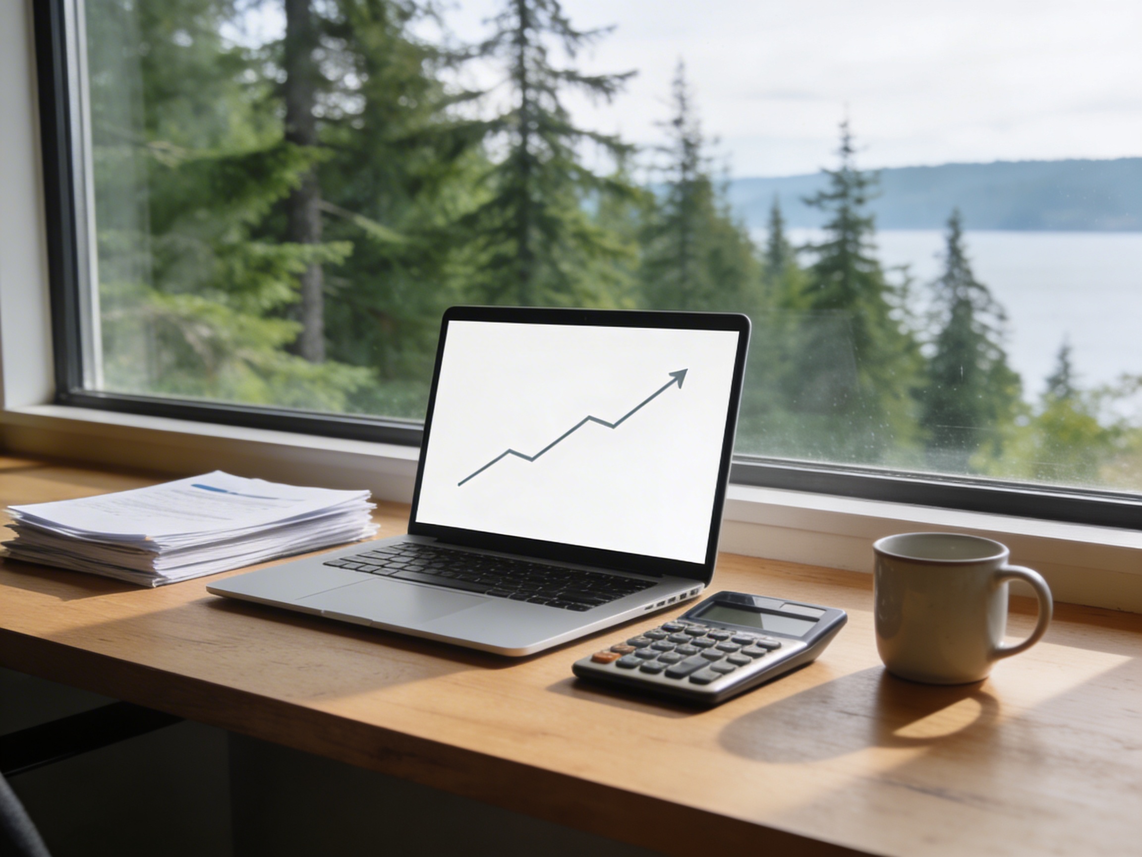 Desk scene with mortgage documents, calculator, and laptop in a Pacific Northwest home, representing HELOC or refinance planning in Island County