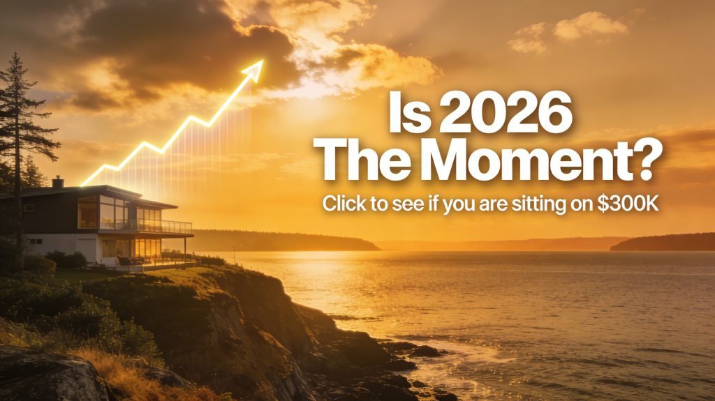 Coastal bluff home on Whidbey Island at sunset illustrating strategic timing for using home equity in 2026.