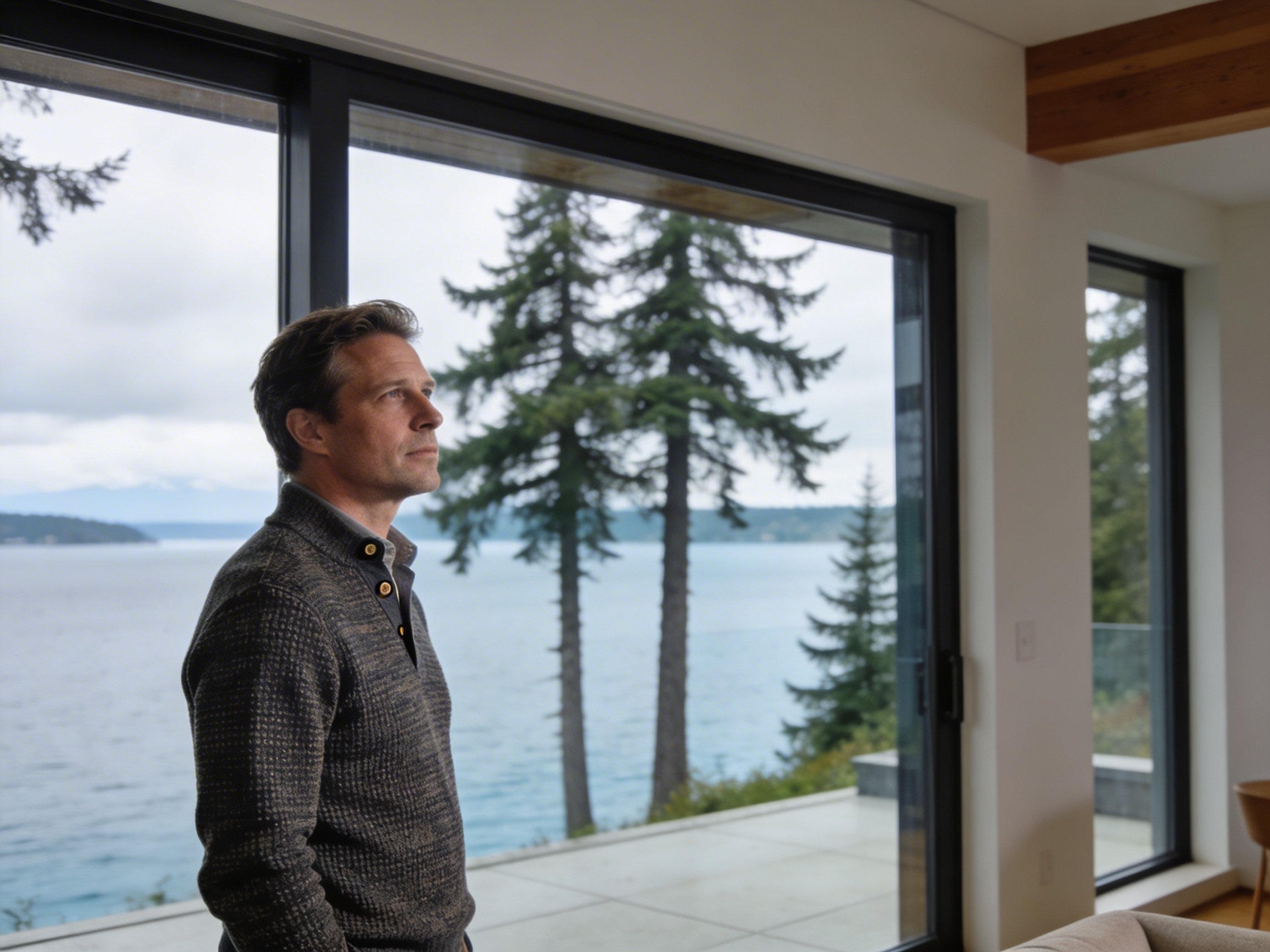 Homeowner in a modern Pacific Northwest interior looking out toward the water while considering home equity options on Whidbey Island