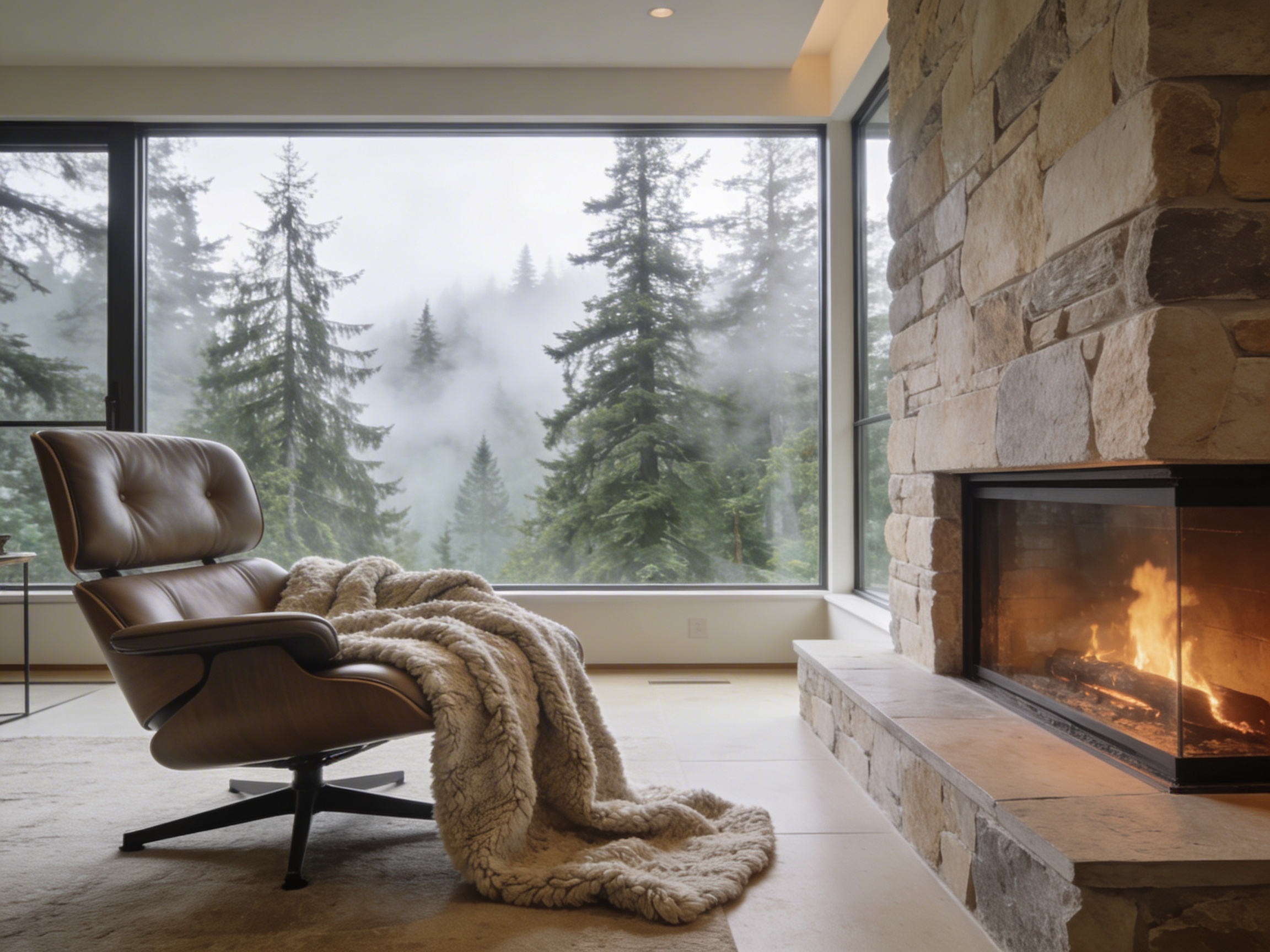 Modern Whidbey Island home interior with a cozy winter fireplace
