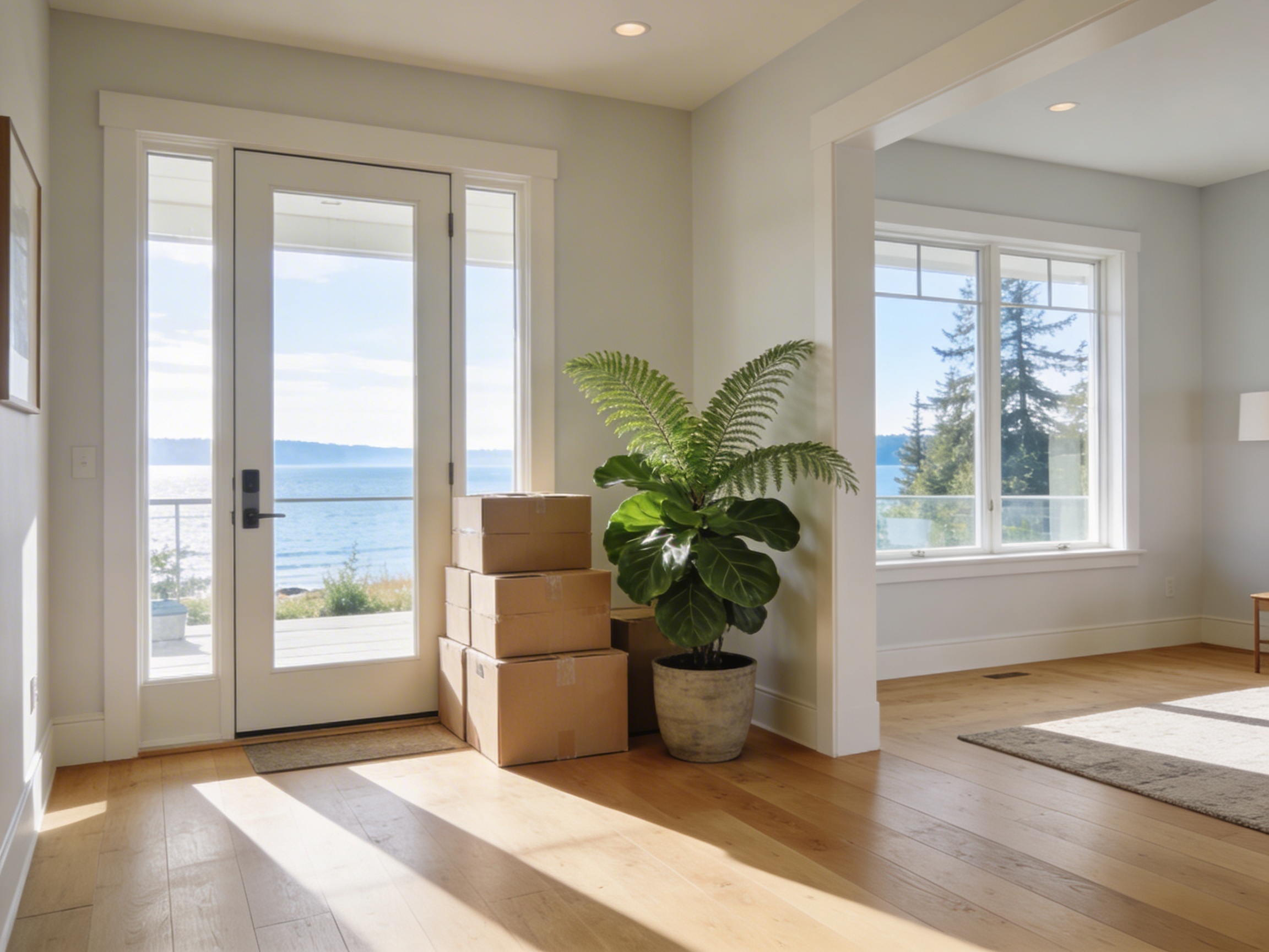 Listing-ready home interior with moving boxes and soft morning light, representing a Whidbey Island move powered by home equity