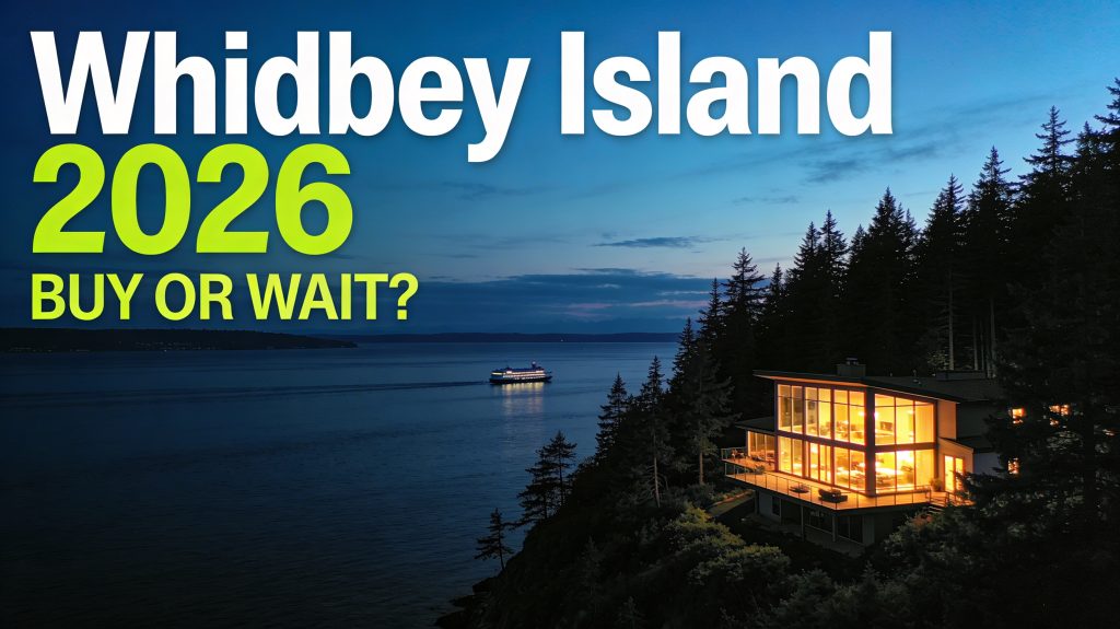 Modern home illuminated at twilight on a Pacific Northwest coastal bluff, representing the choice between renting and buying on Whidbey Island.