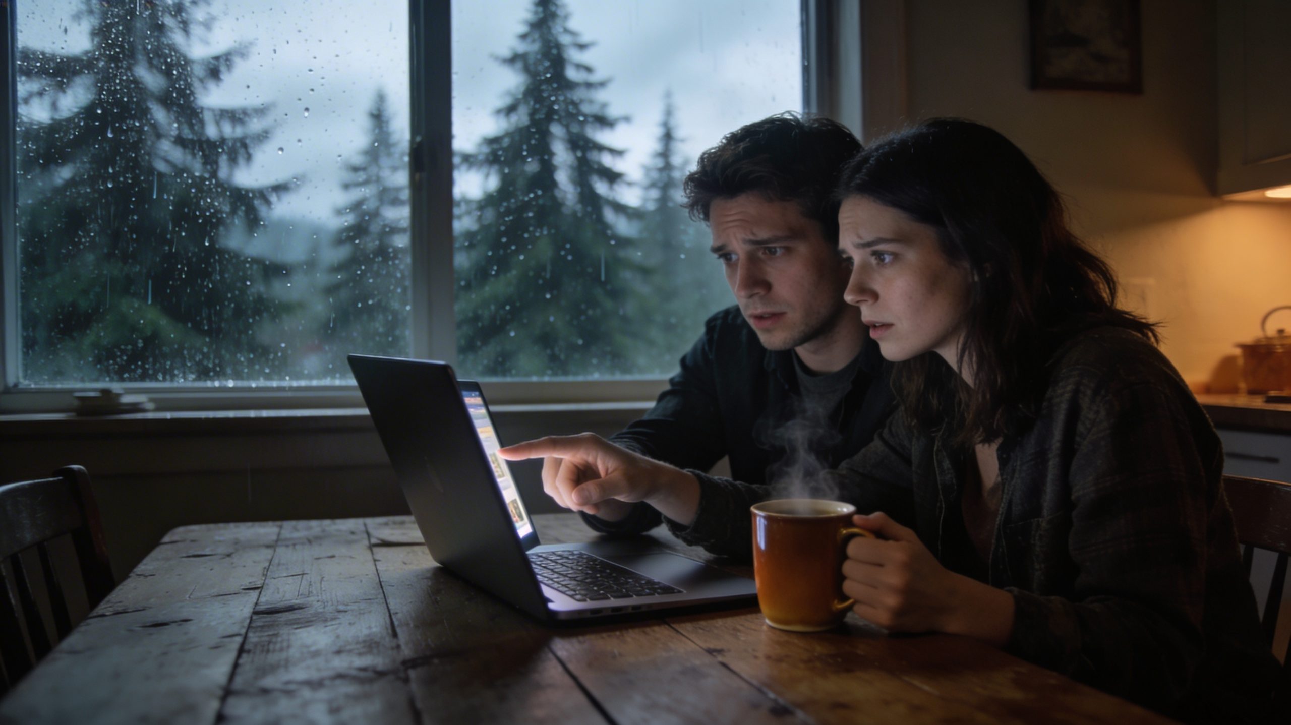 Young couple looking anxiously at a laptop screen researching housing and rental options at their kitchen table on Whidbey Island.
