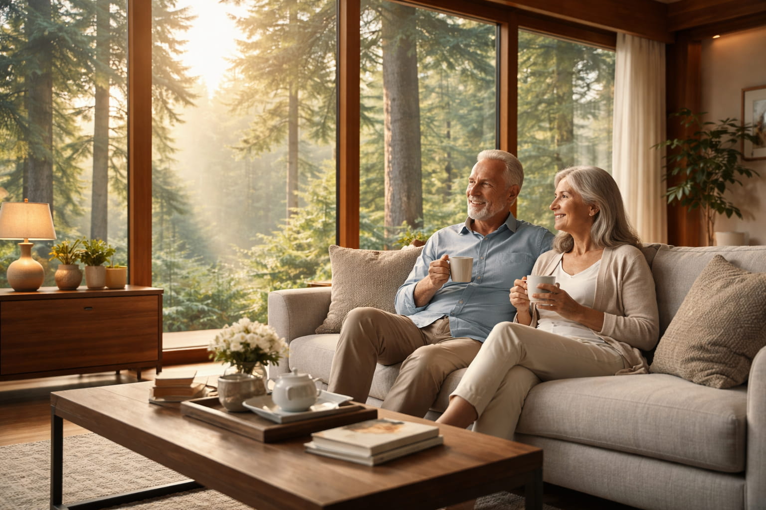 Serene modern Pacific Northwest living room with a retired couple relaxing, representing the peace of mind of securing home equity over waiting for rates