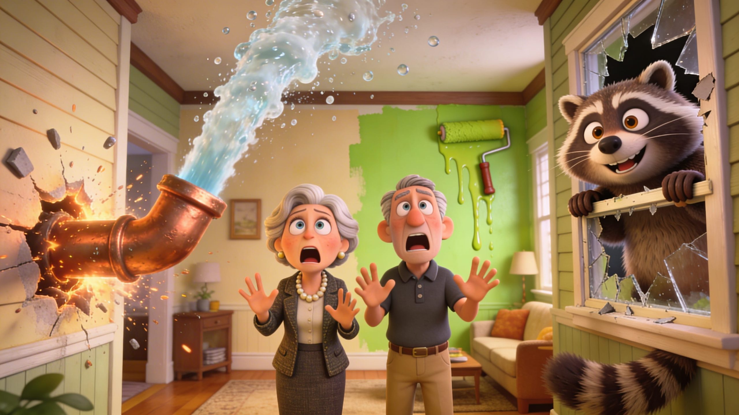 Humorous claymation illustration of a stressed retired couple dealing with exaggerated home repair disasters before selling.