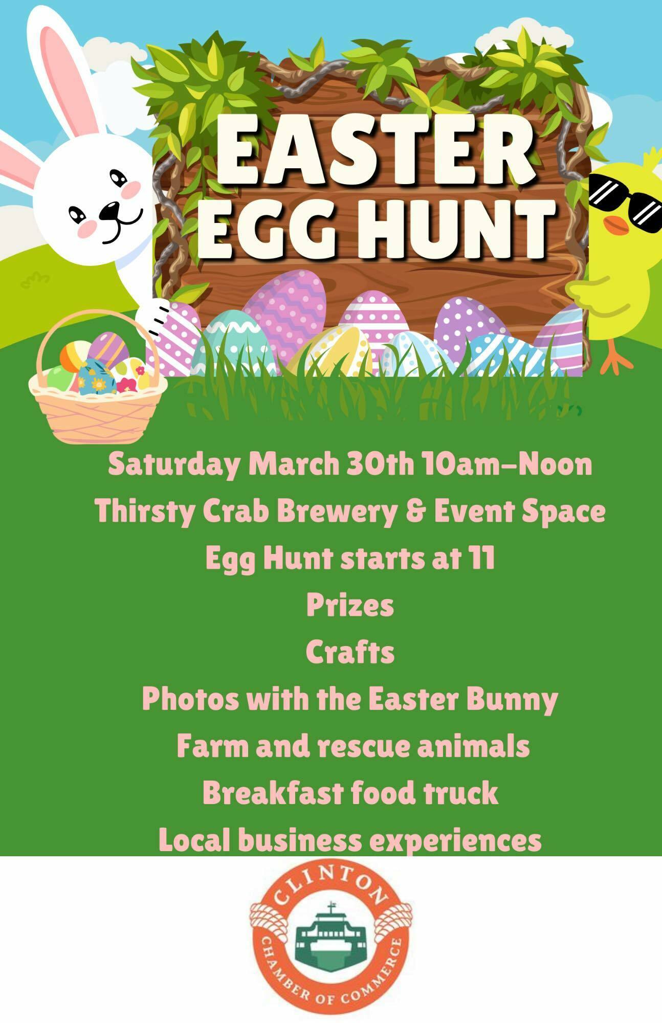 Event flyer for the Clinton Easter Egg Hunt at Thirsty Crab Brewery on South Whidbey