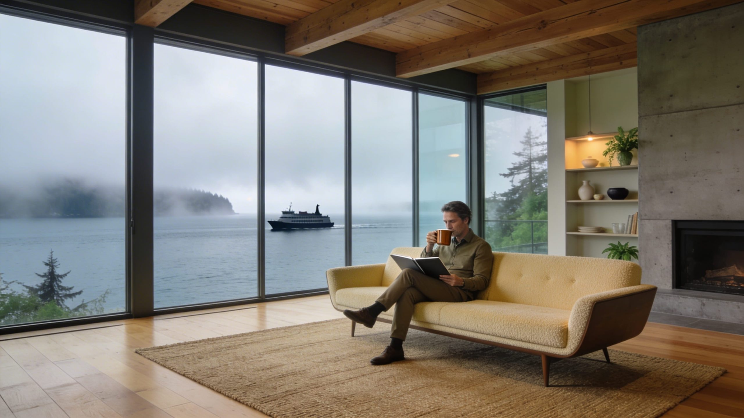 Photorealistic image of a confident solo professional in a sunlit, modern Pacific Northwest living room with water views.