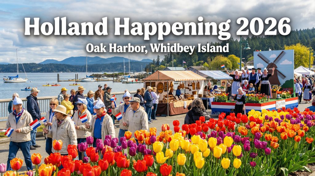 Holland Happening 2026 festival scene at Windjammer Park in Oak Harbor with tulips, waterfront energy, and spring crowds on Whidbey Island