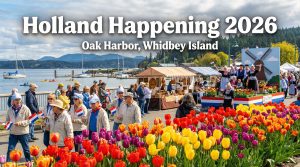 Holland Happening 2026 festival scene at Windjammer Park in Oak Harbor with tulips, waterfront energy, and spring crowds on Whidbey Island