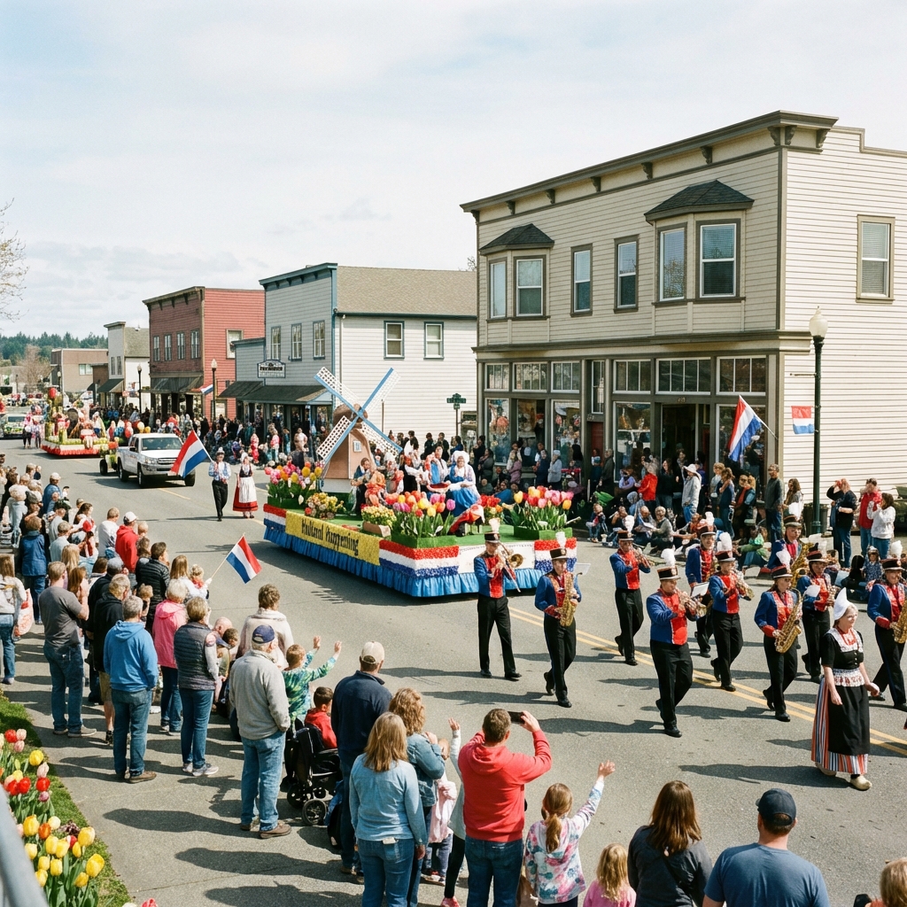 Holland Happening parade scene in downtown Oak Harbor with spring spectators and community celebration energy