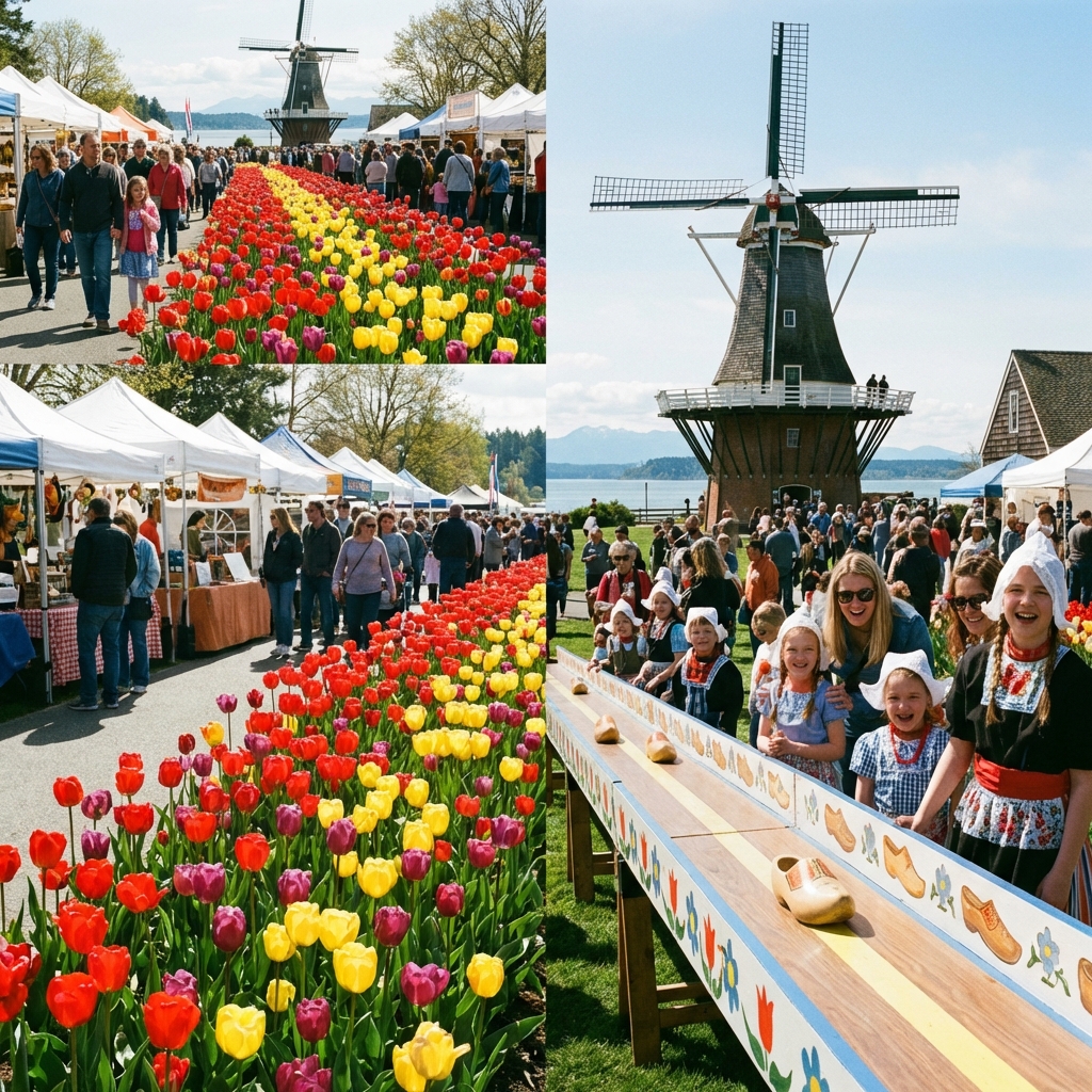 Holland Happening street festival at Windjammer Park with artisan booths, families, tulips, and waterfront Whidbey Island atmosphere