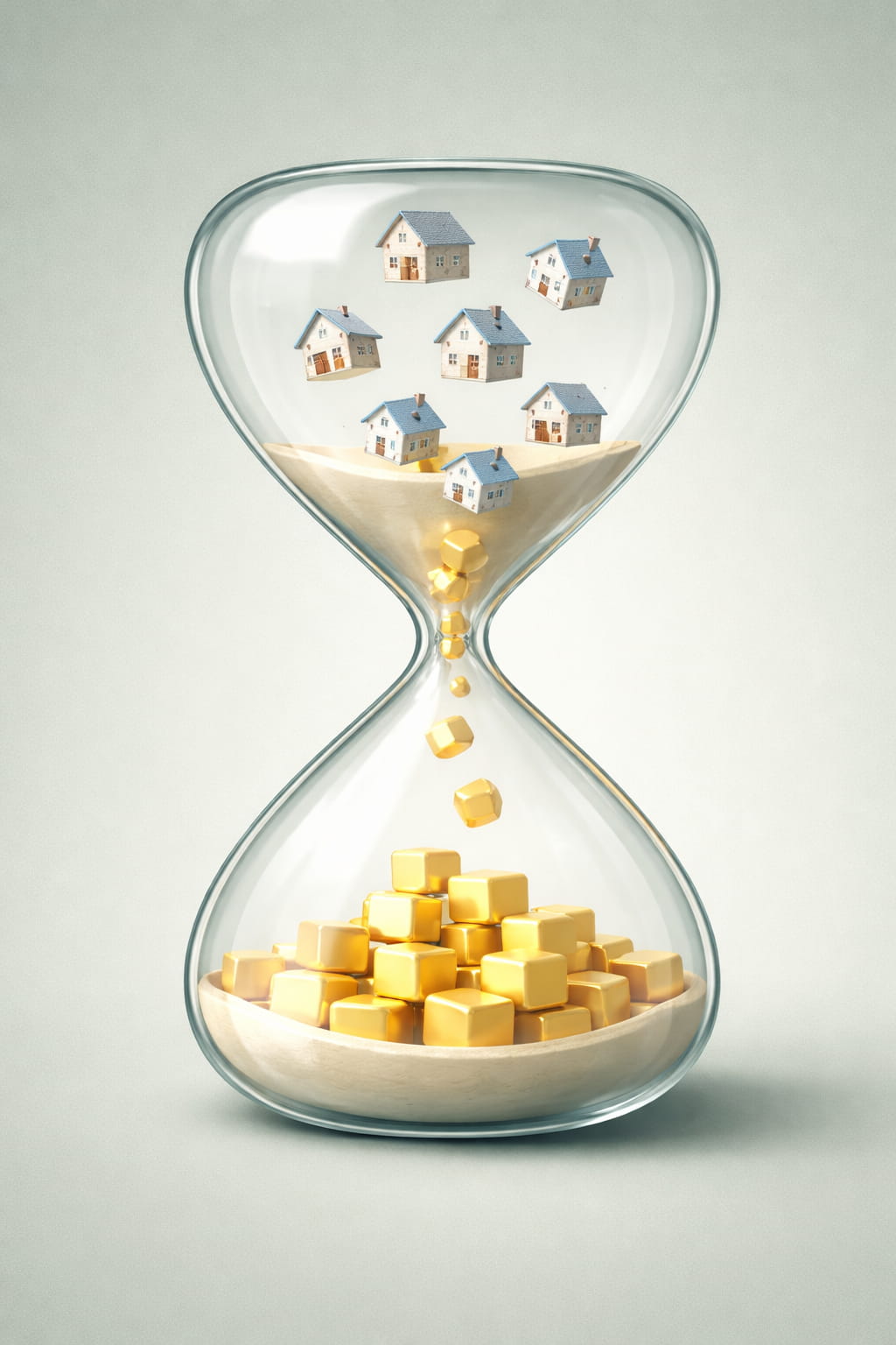 Isometric 3D illustration of an hourglass turning houses into gold building blocks, symbolizing the process of building equity over time rather than waiting