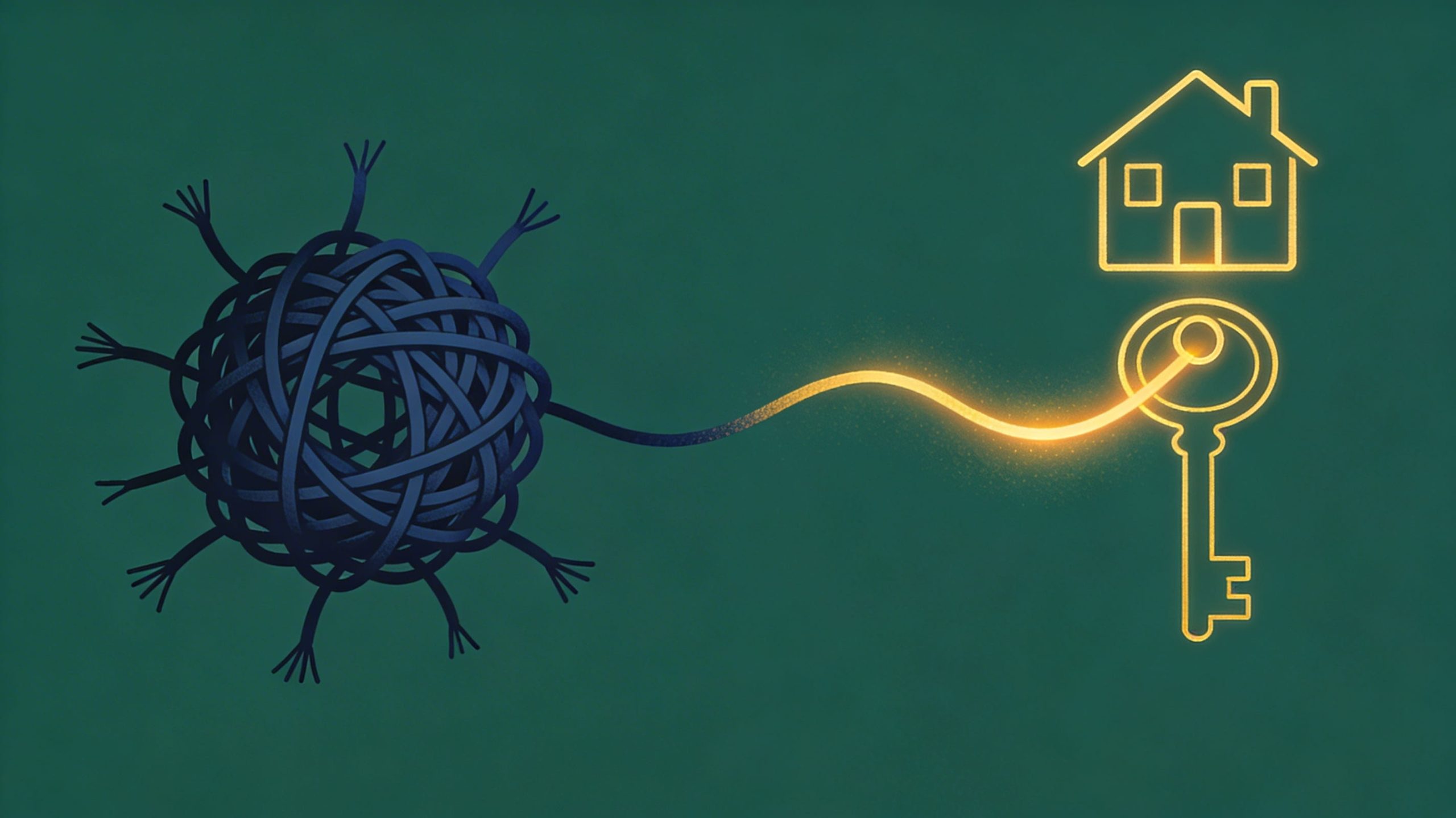 Minimalist vector graphic showing a chaotic tangled string straightening into a glowing golden house key, symbolizing a smooth real estate transaction.