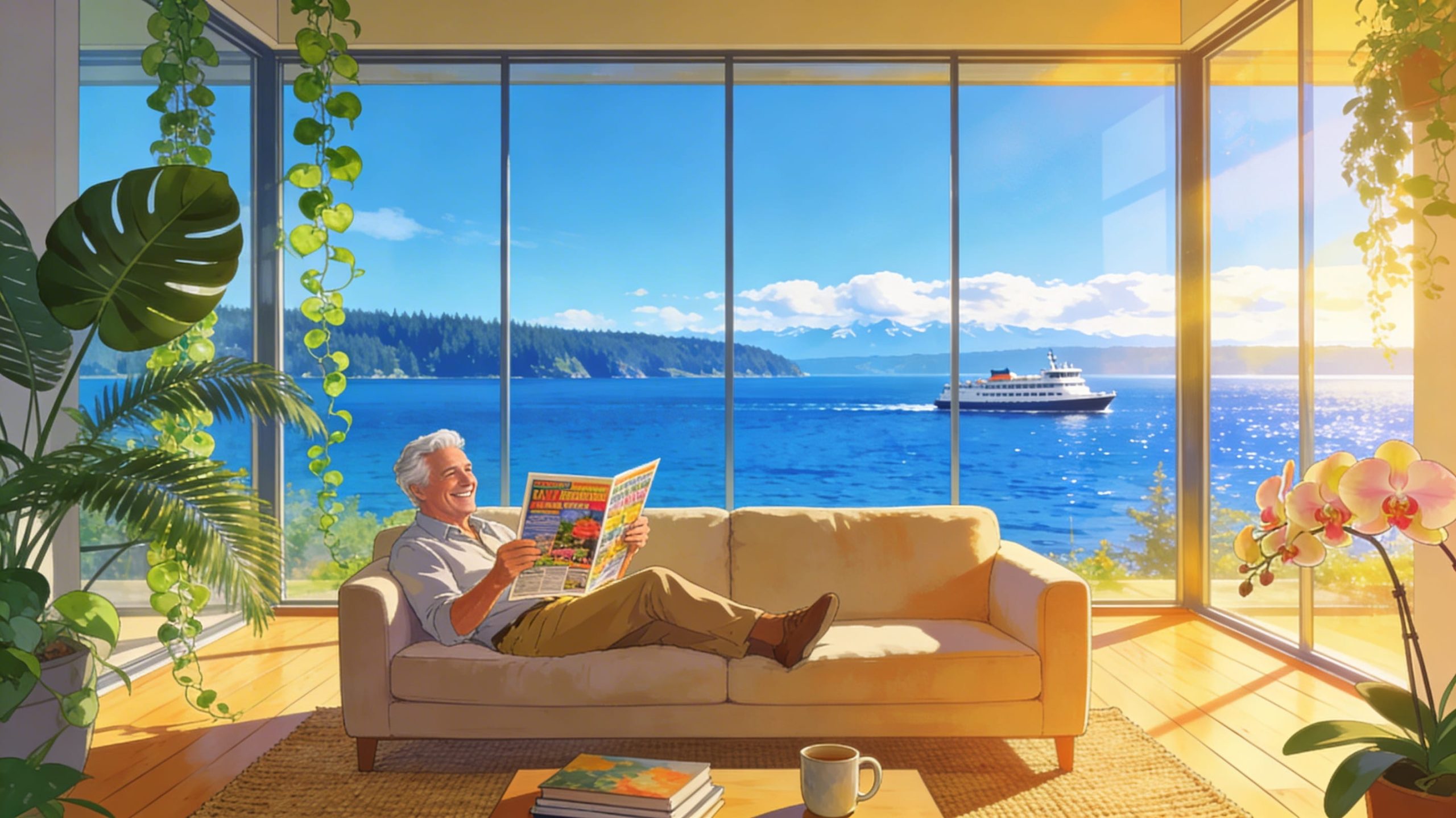 Photorealistic image of a smiling empty-nester reading a playbill in a sunlit, modern Pacific Northwest living room with sparkling water views.