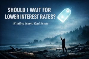 Silhouette on a foggy Pacific Northwest beach reaching for a floating price tag, illustrating the financial question of whether to wait for lower interest rates.