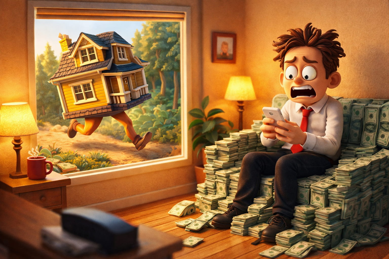 Humorous 3D claymation illustration of a frustrated homebuyer sitting on a shrinking pile of money while a house runs away outside the window