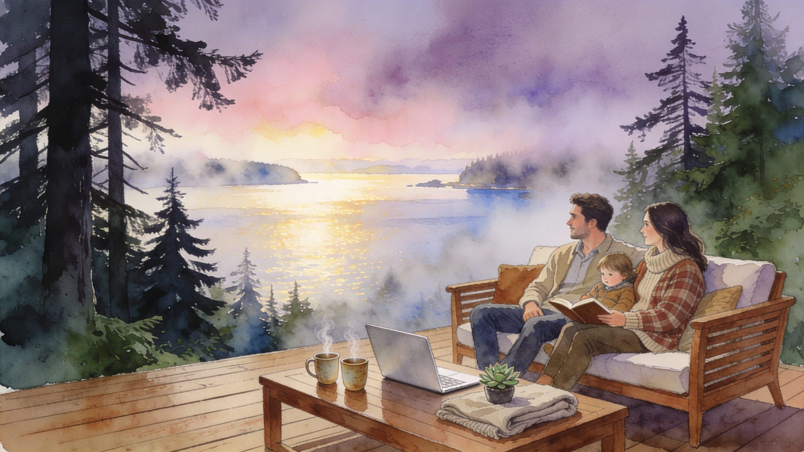 Dreamy watercolor painting of a young family relaxing on a beautifully staged cedar deck overlooking misty Pacific Northwest waters.