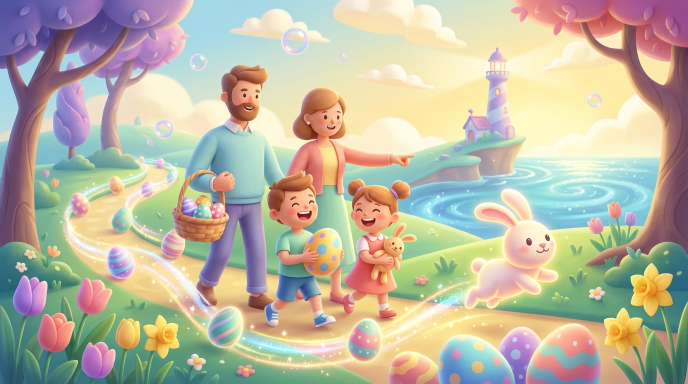 Playful stylized Easter events visual for a Whidbey Island roundup section