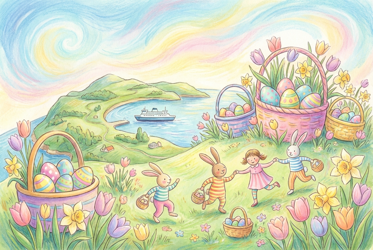Whimsical Easter detail image with baskets, eggs, and spring atmosphere