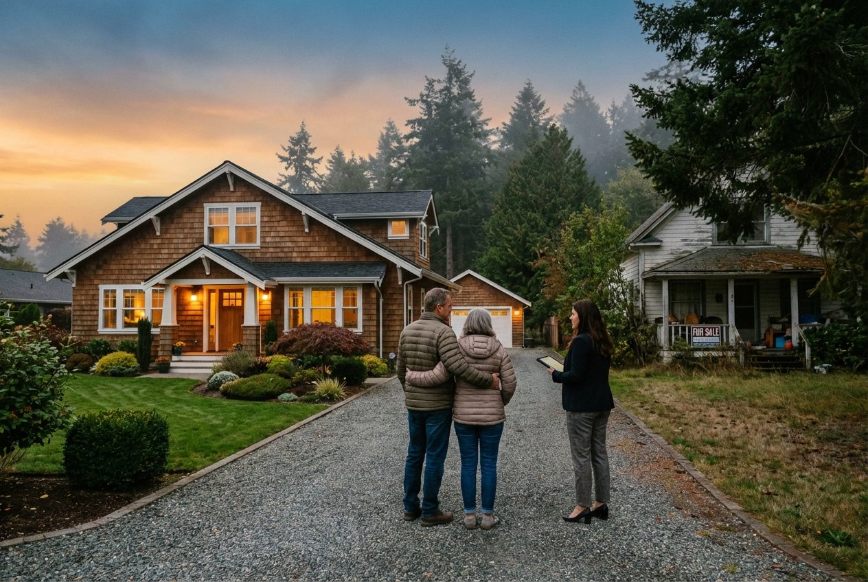 Selective Whidbey homebuyers carefully evaluating a home in a Pacific Northwest setting