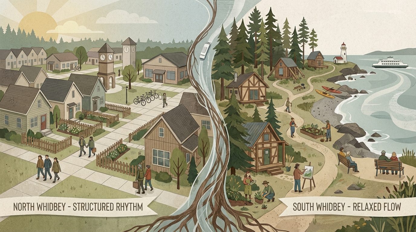 Illustrated North Whidbey and South Whidbey market contrast visual in a premium editorial style