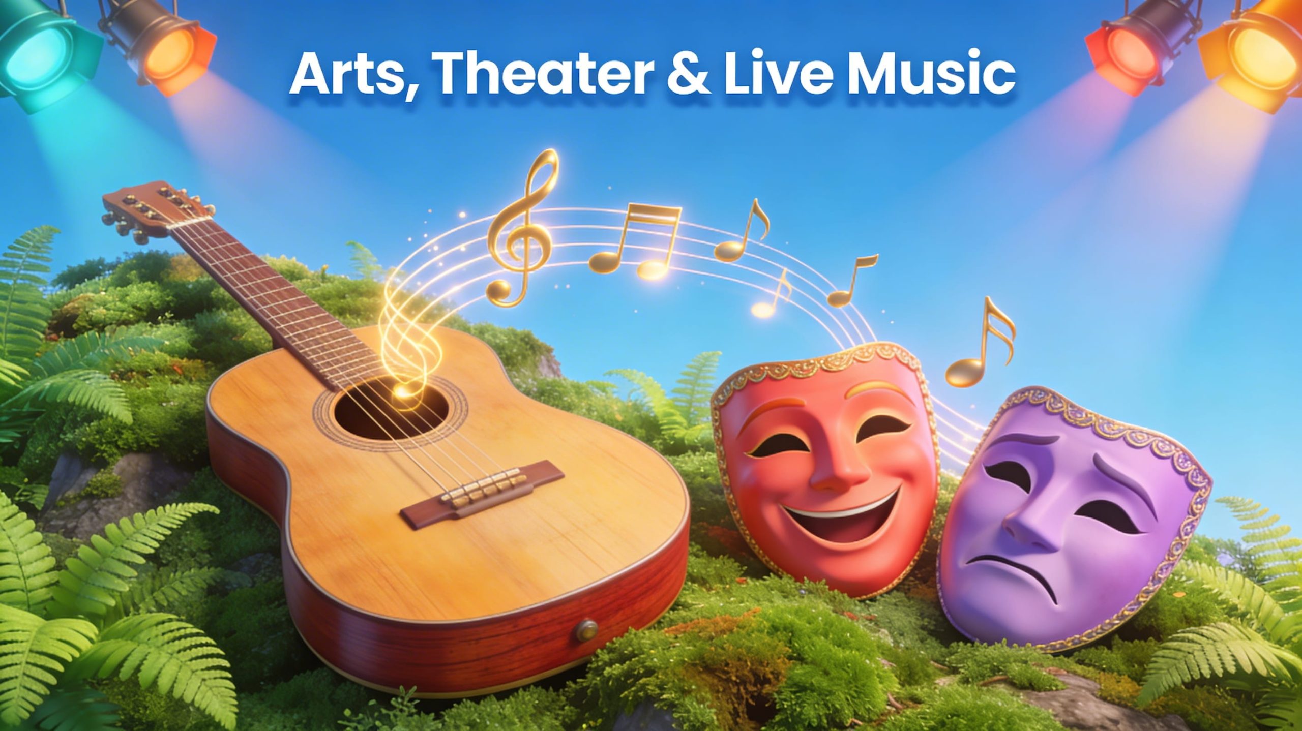 Isometric 3D illustration of a wooden acoustic guitar and theater masks resting on green moss, with glowing musical notes floating into a bright blue sky.