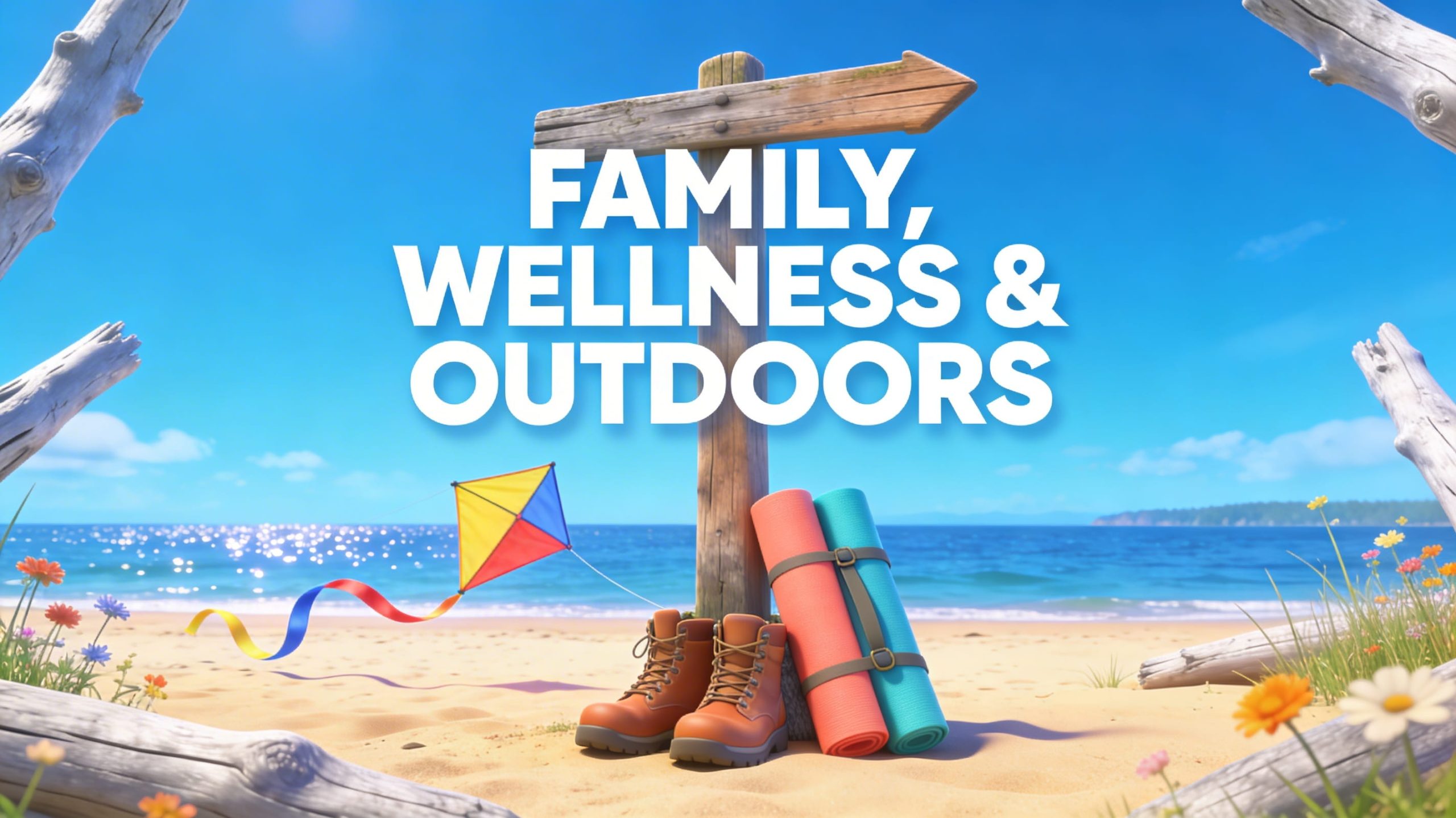 Vibrant 3D illustration of a wooden trail sign on a sunny Pacific Northwest driftwood beach, surrounded by hiking boots, a yoga mat, and a colorful kite.