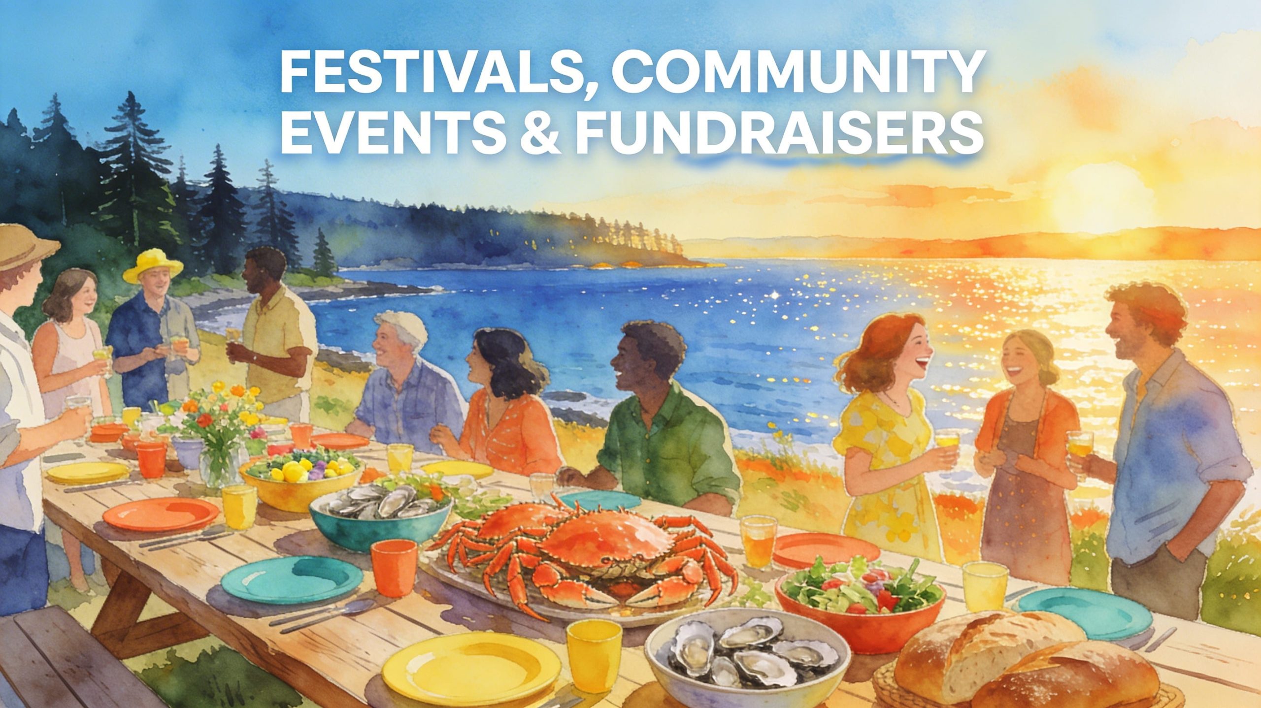 Dreamy watercolor painting of a festive outdoor community dining table filled with fresh seafood and salads on a sunny Pacific Northwest coastal bluff.