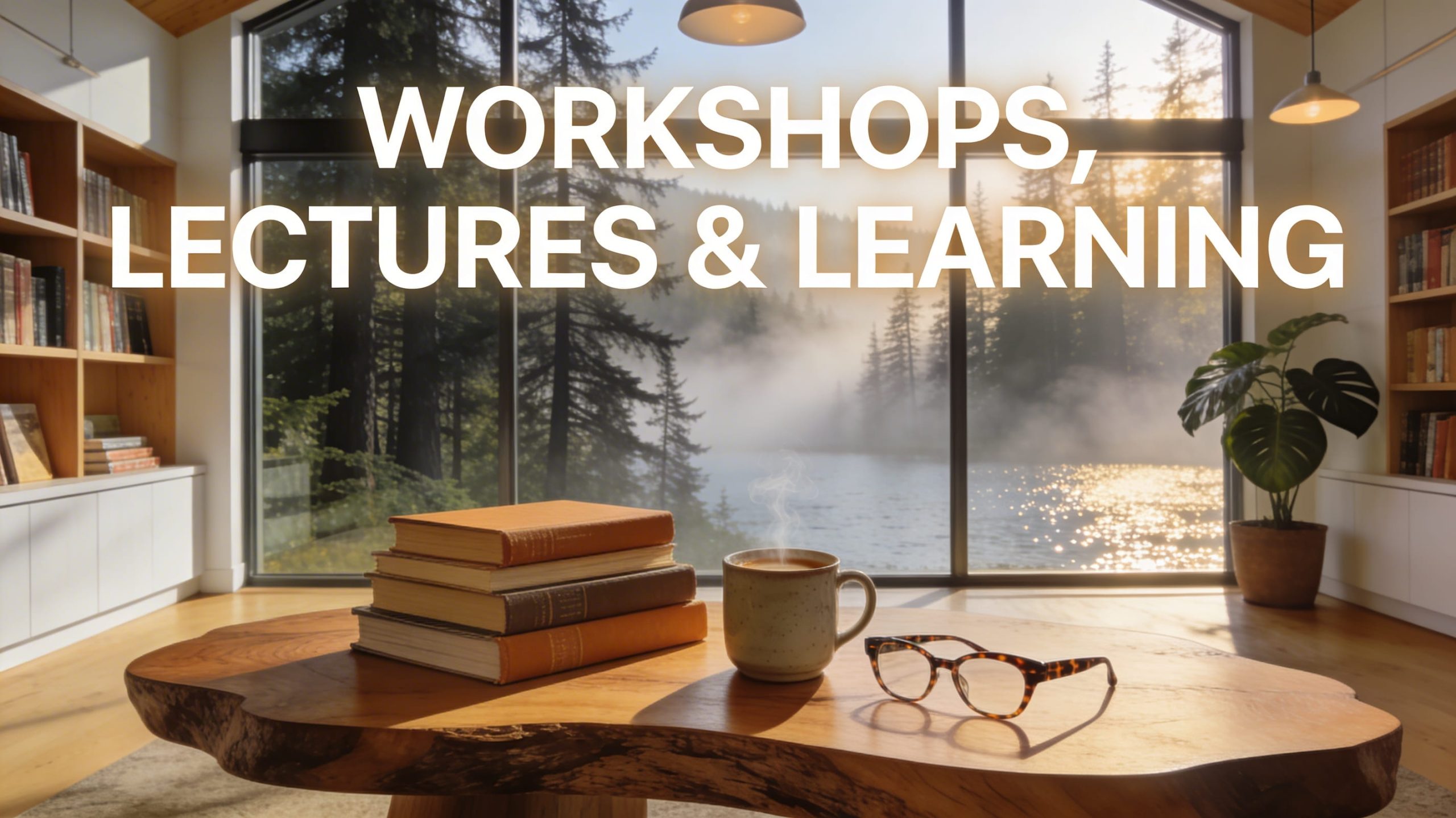 Photorealistic image of a modern, sunlit Pacific Northwest reading room featuring a stack of books and a coffee mug on a live-edge table overlooking an evergreen forest.