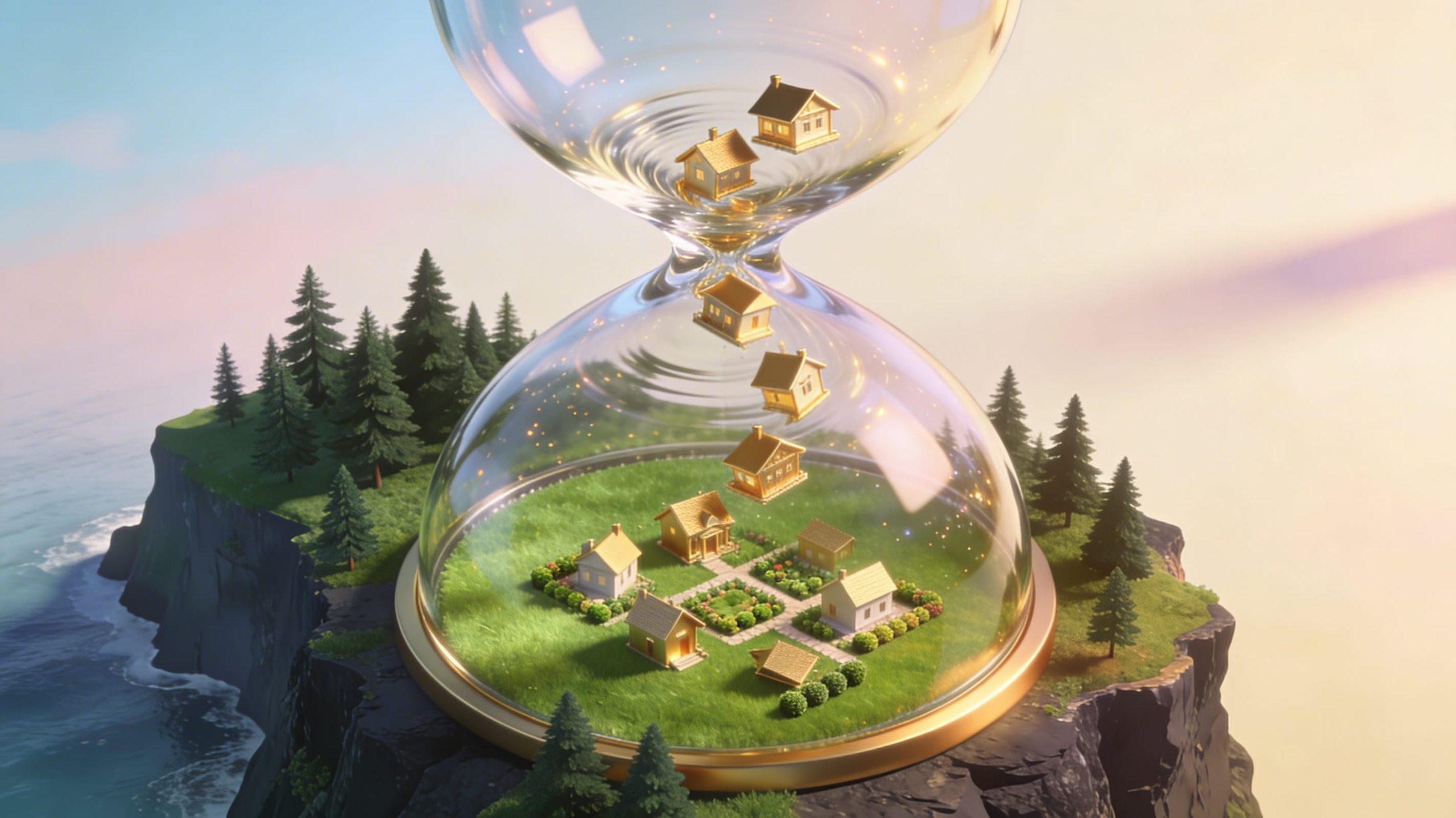 Isometric 3D illustration of a giant hourglass on a coastal bluff with miniature houses falling through, symbolizing real estate market timing.