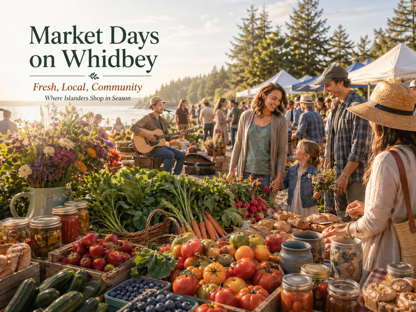 Local market-themed image showing the community energy and seasonal abundance of Whidbey Island farmers markets