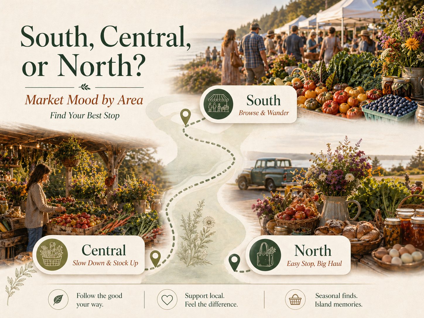 Seasonal local shopping image supporting a section about choosing the right Whidbey market or farm stand by area or vibe